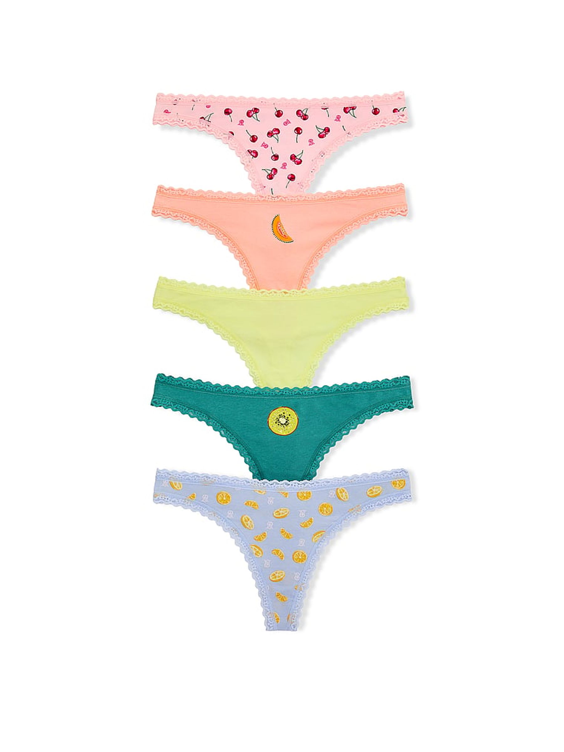 Pink/Orange/Yellow/Green/Blue Thong 5 Pack Cotton Lace Trim Knickers - Image 1 of 1