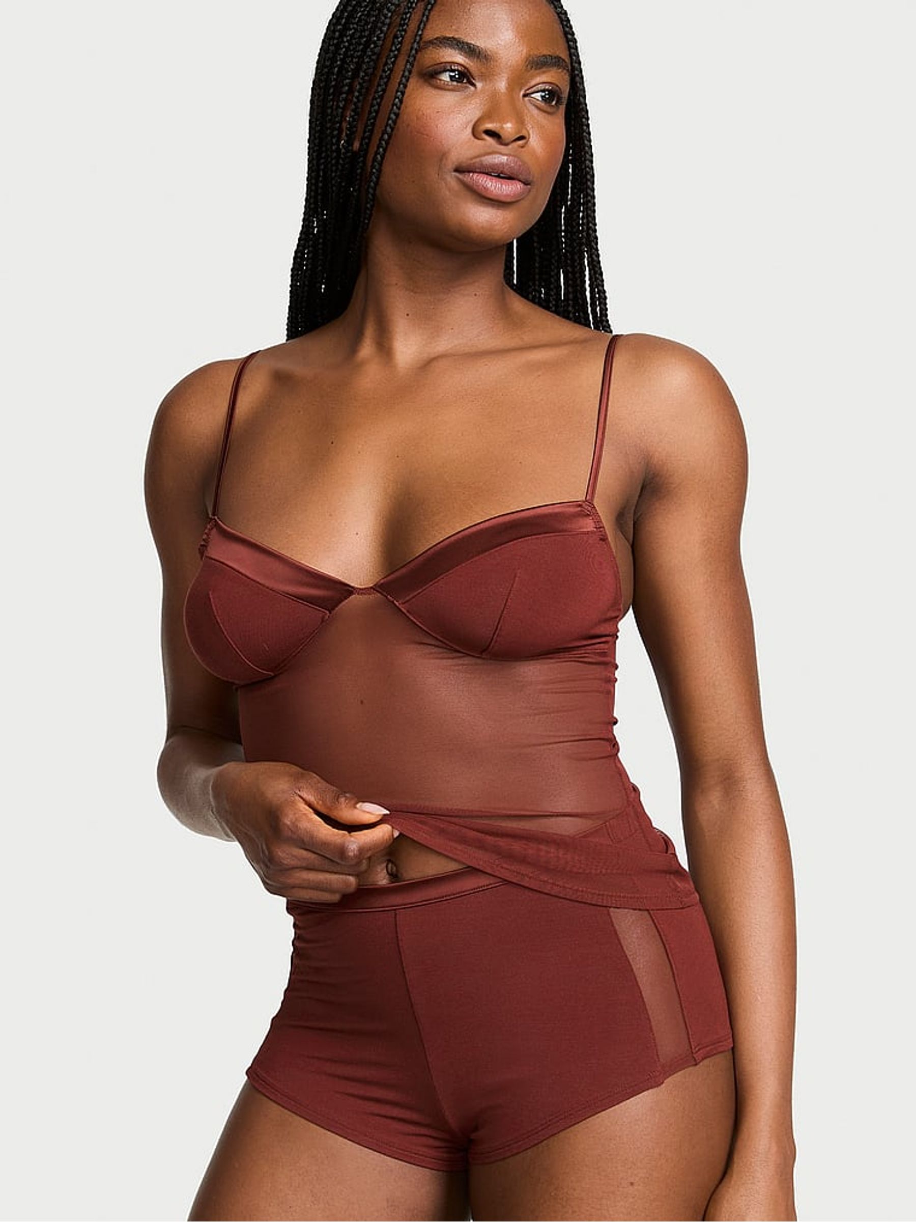 Dark Chili Brown Sheer Modal Mesh Cami Set - Image 1 of 2 Dark Chili Brown Sheer Modal Mesh Cami Set - Image 1 of 2
