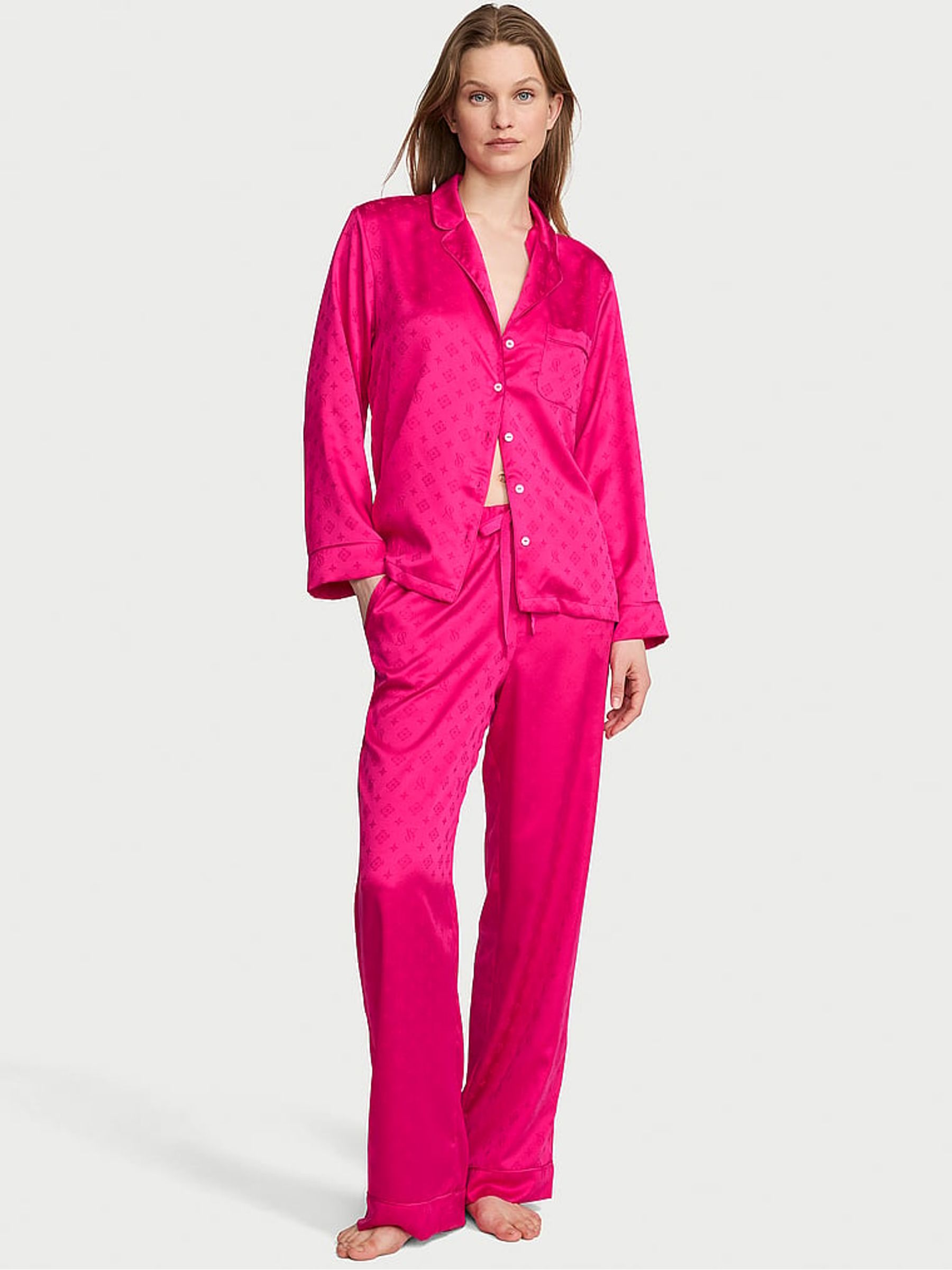 Pop Pink Satin Long Pyjamas Set - Image 1 of 2