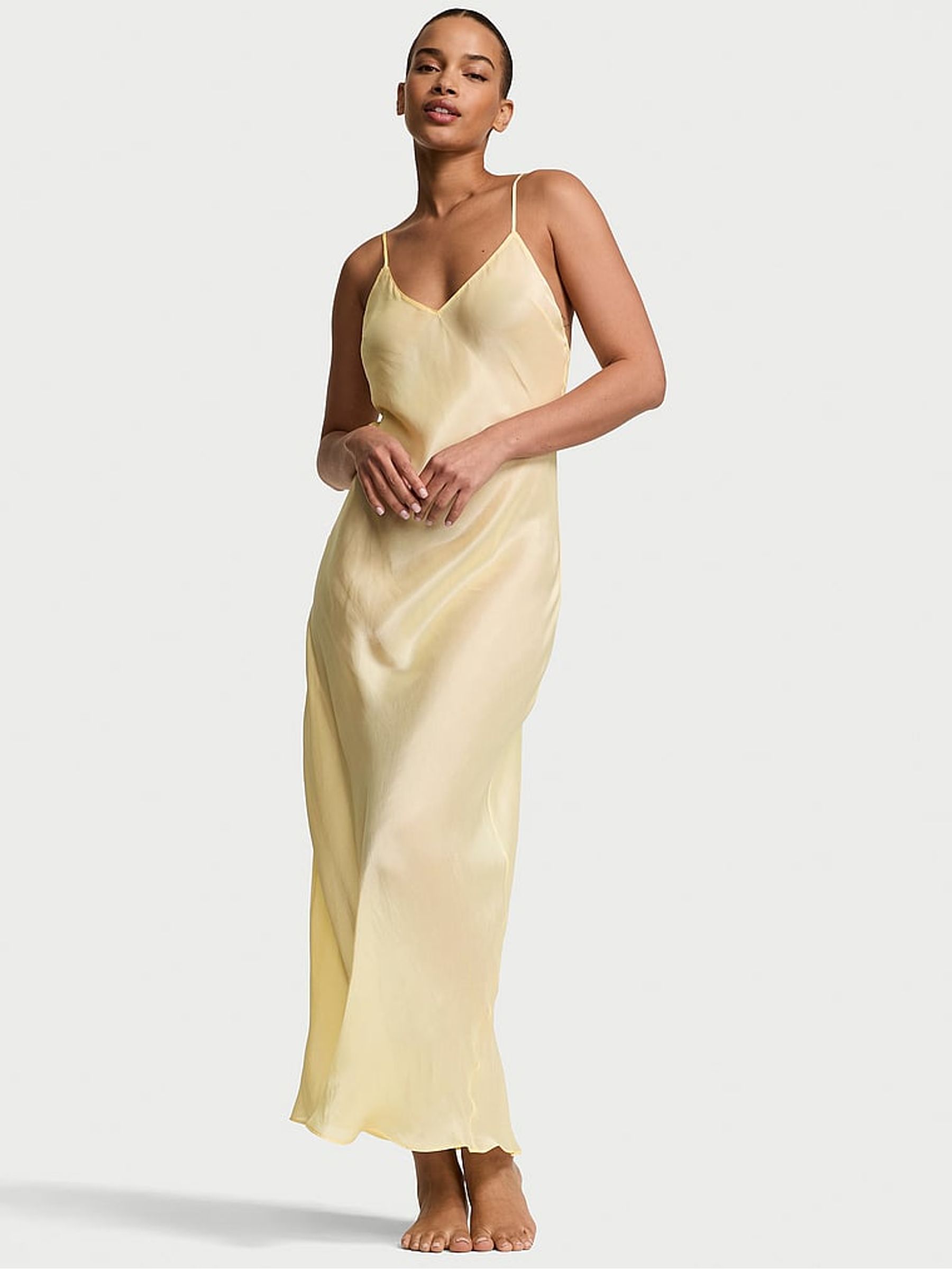 Sunny Honey Yellow Sheer Satin Long Slip Dress - Image 1 of 2
