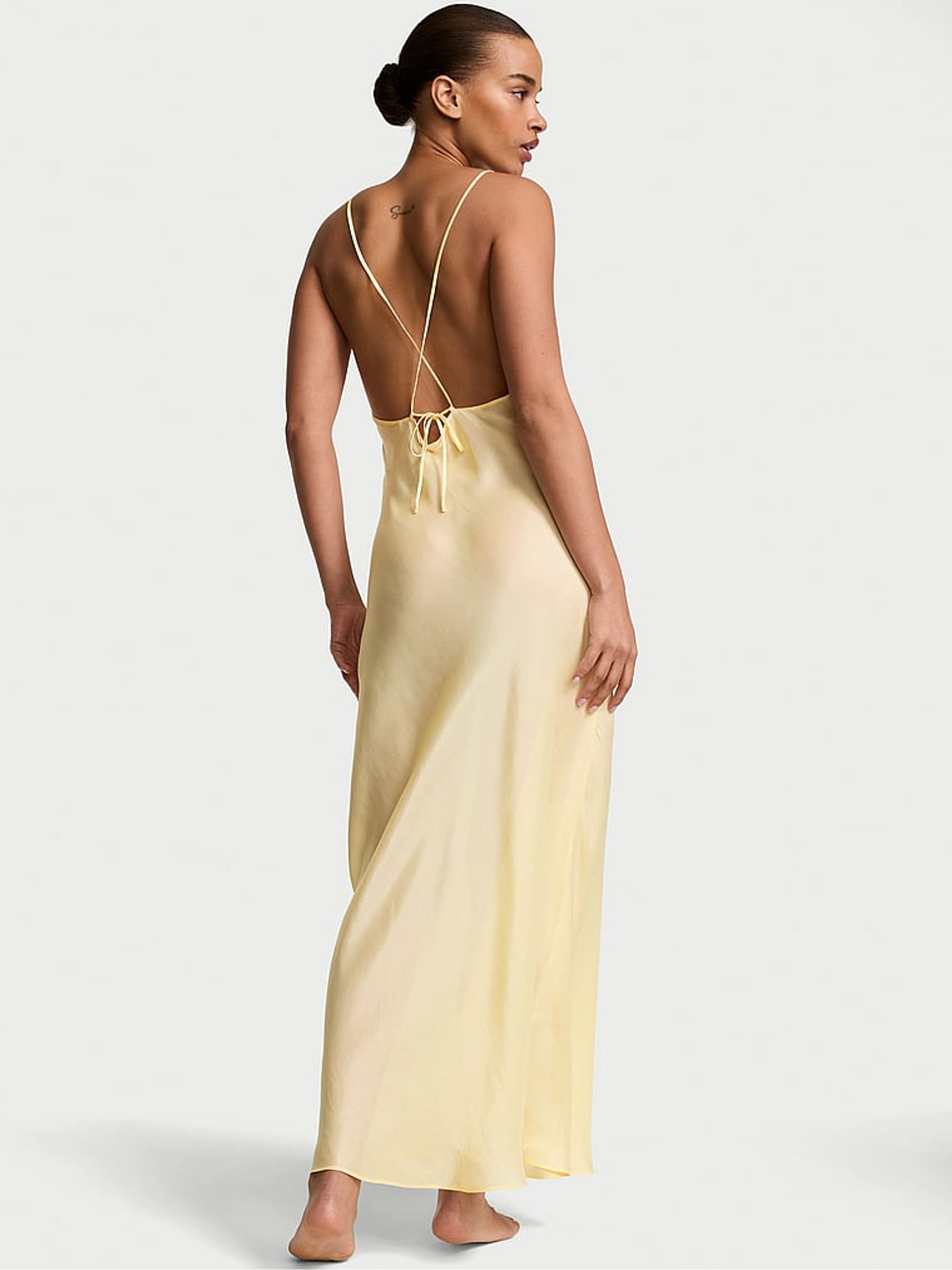 Sunny Honey Yellow Sheer Satin Long Slip Dress - Image 2 of 2
