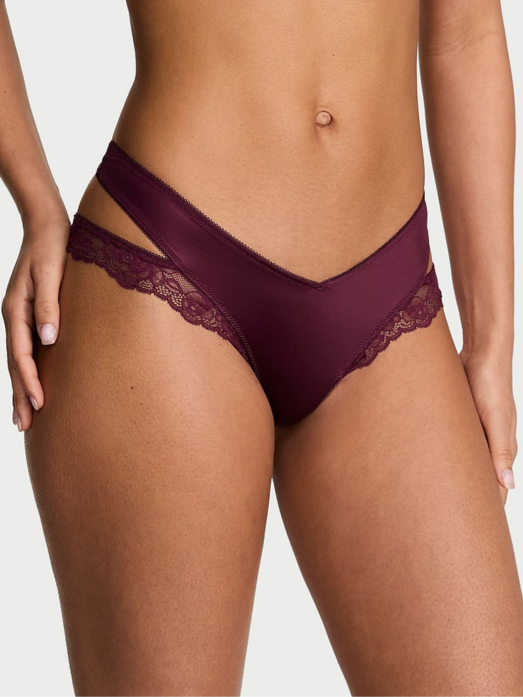 Rich Maroon Red Thong Lace Trim Cut Out Knickers - Image 1 of 3