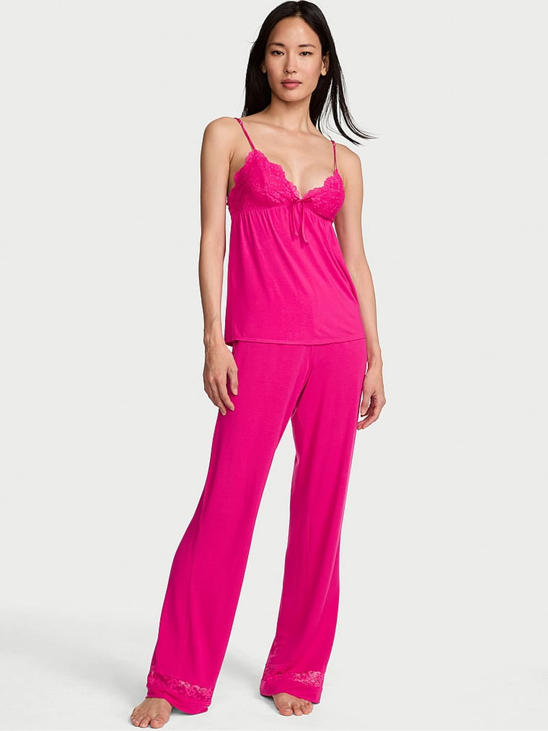 Pop Pink Lace Trim Modal Cami & Trousers Set - Image 1 of 2