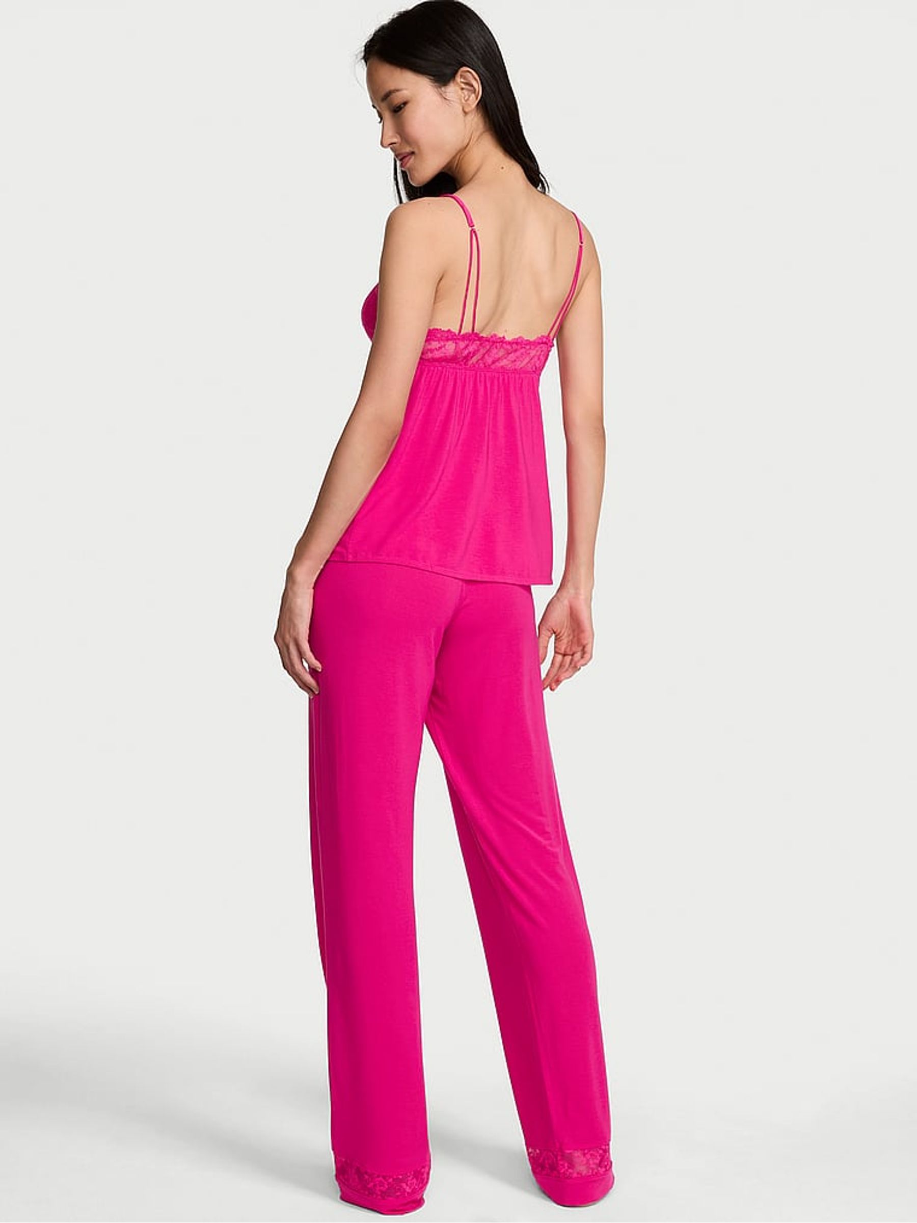 Pop Pink Lace Trim Modal Cami & Trousers Set - Image 2 of 2