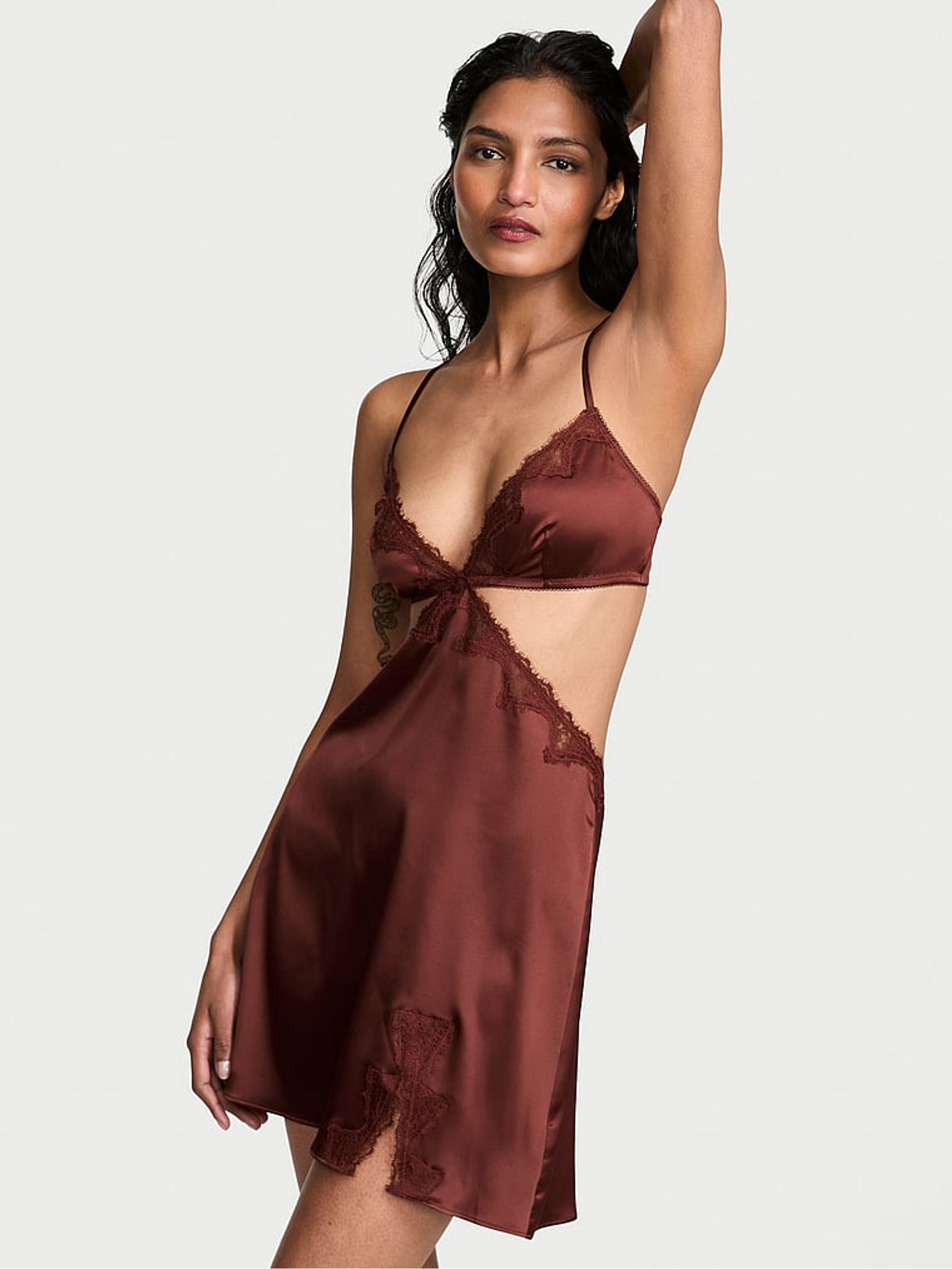 Dark Chili Brown Satin Lace Trim Cut Out Mini Slip Dress - Image 1 of 3