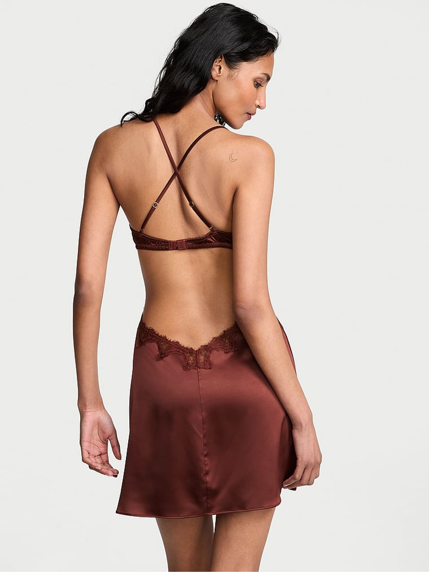 Dark Chili Brown Satin Lace Trim Cut Out Mini Slip Dress - Image 2 of 3