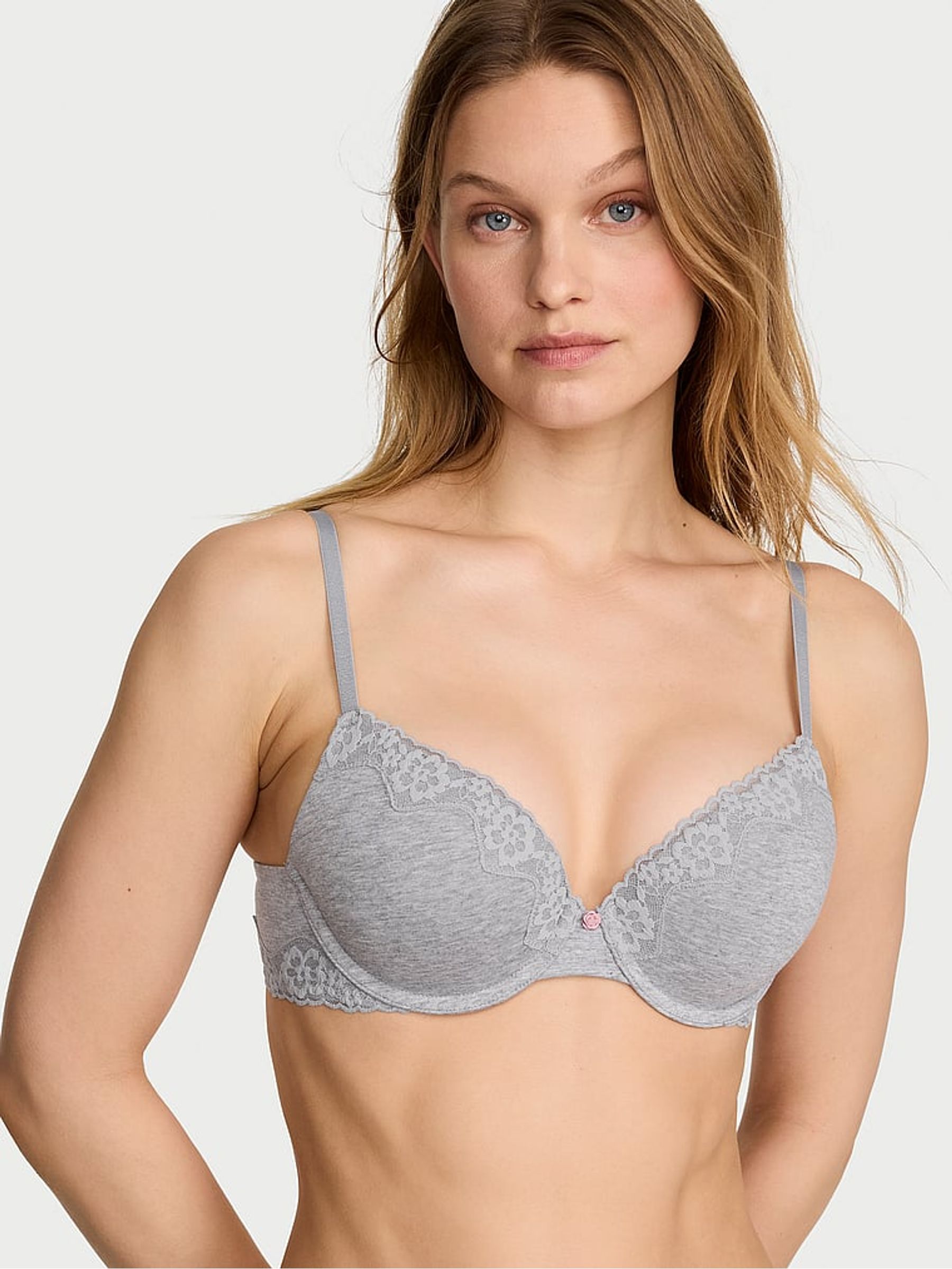 Medium Heather Grey Full Cup Push Up Cotton Lace Trim Bra - Image 1 of 2 Medium Heather Grey Full Cup Push Up Cotton Lace Trim Bra - Image 1 of 2