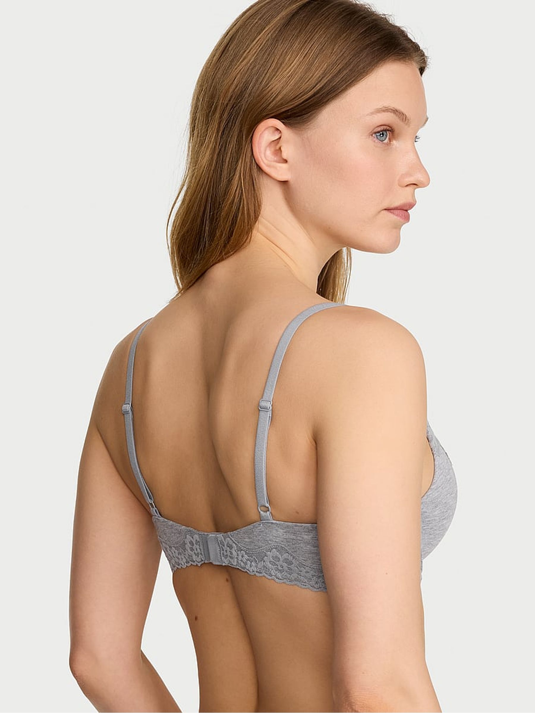 Medium Heather Grey Full Cup Push Up Cotton Lace Trim Bra - Image 2 of 2