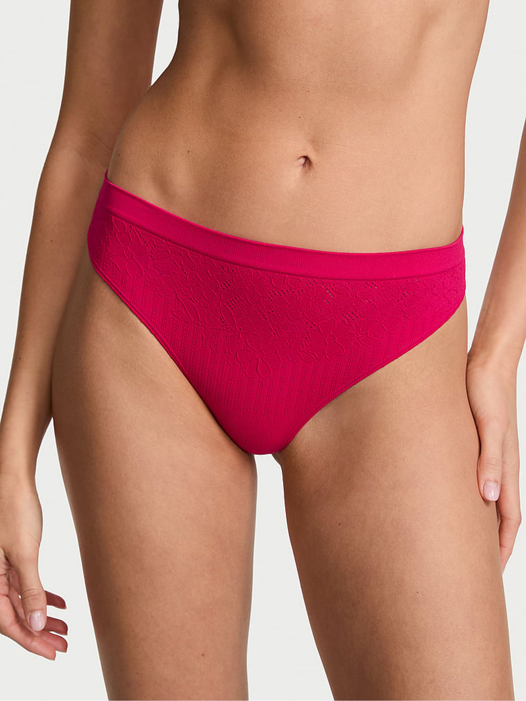 Vibrant Fuchsia Pink Thong Floral Ribbed Knickers - Image 1 of 2