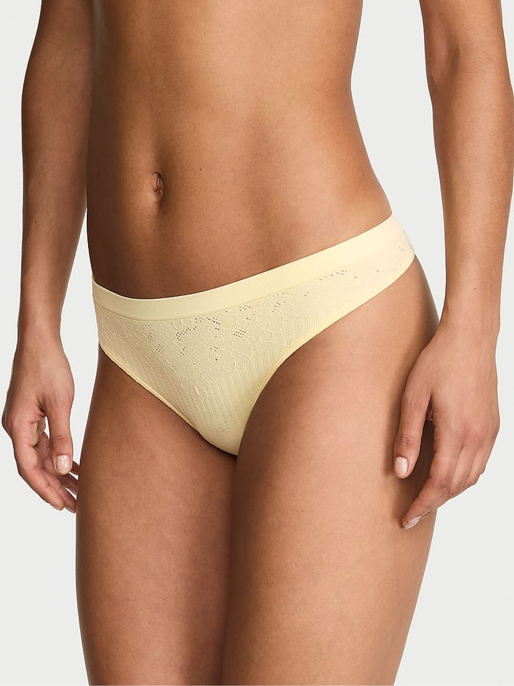 Sunny Honey Yellow Thong Floral Ribbed Knickers - Image 1 of 2
