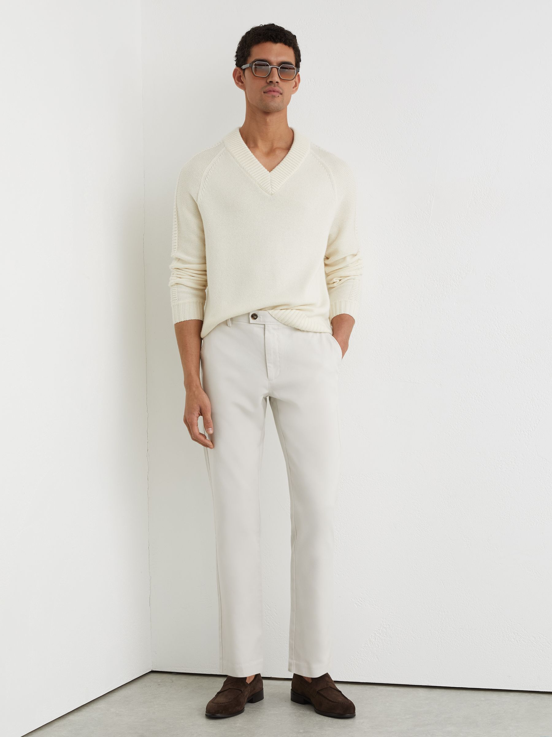 Cotton Pique Chino Trousers in Off White - Image 1 of 6