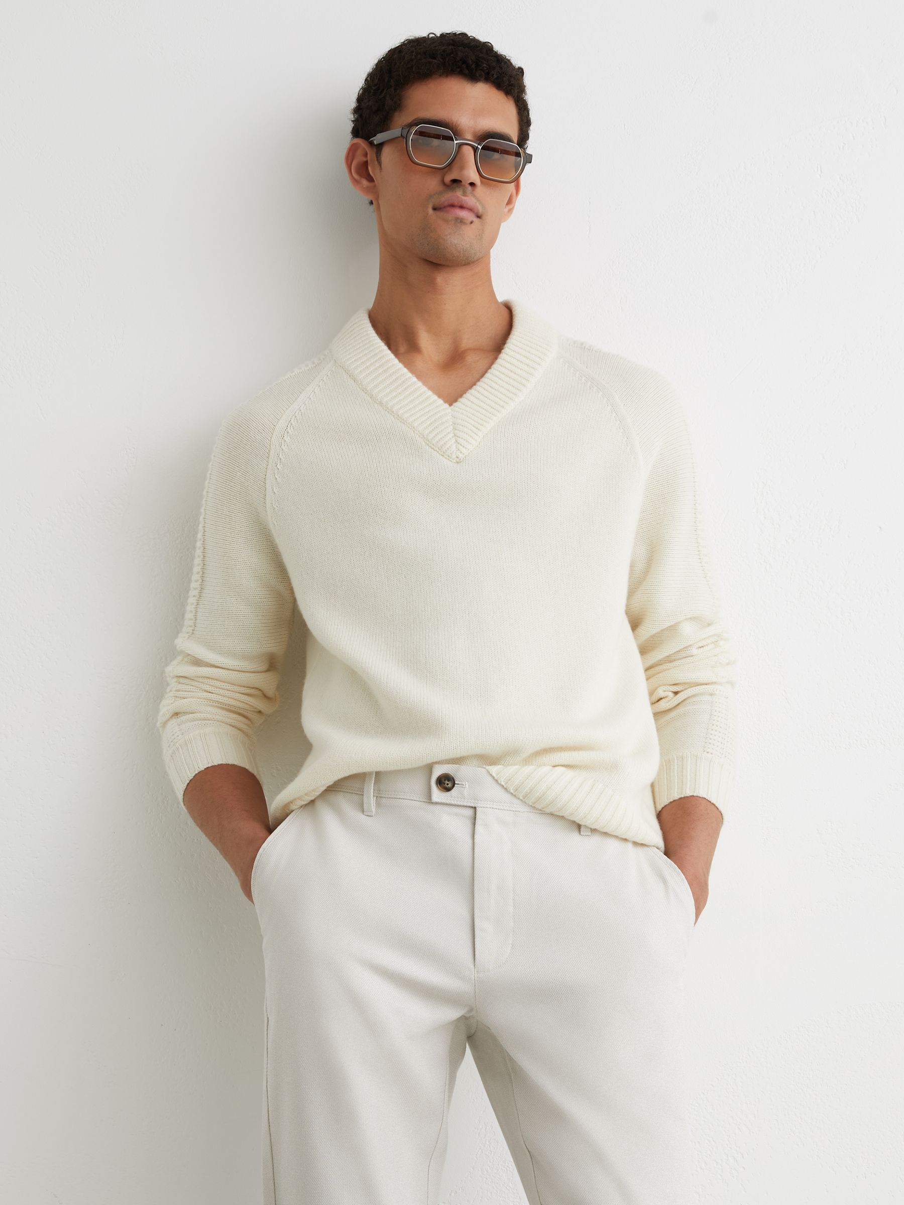 Cotton Pique Chino Trousers in Off White - Image 3 of 6