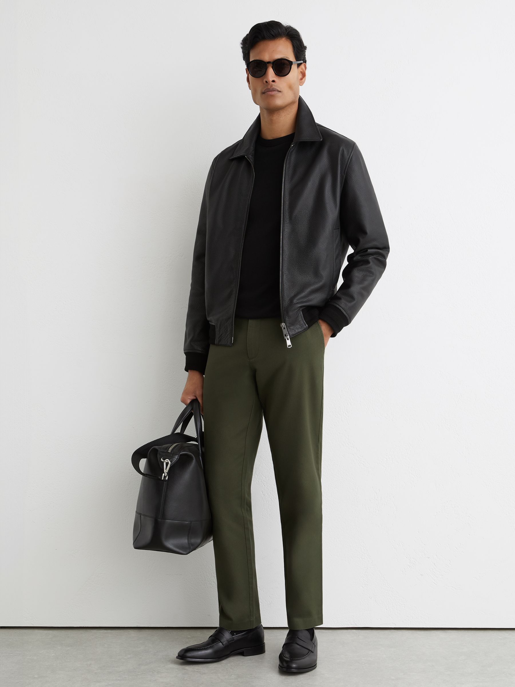Cotton Pique Chino Trousers in Khaki Green - Image 1 of 7