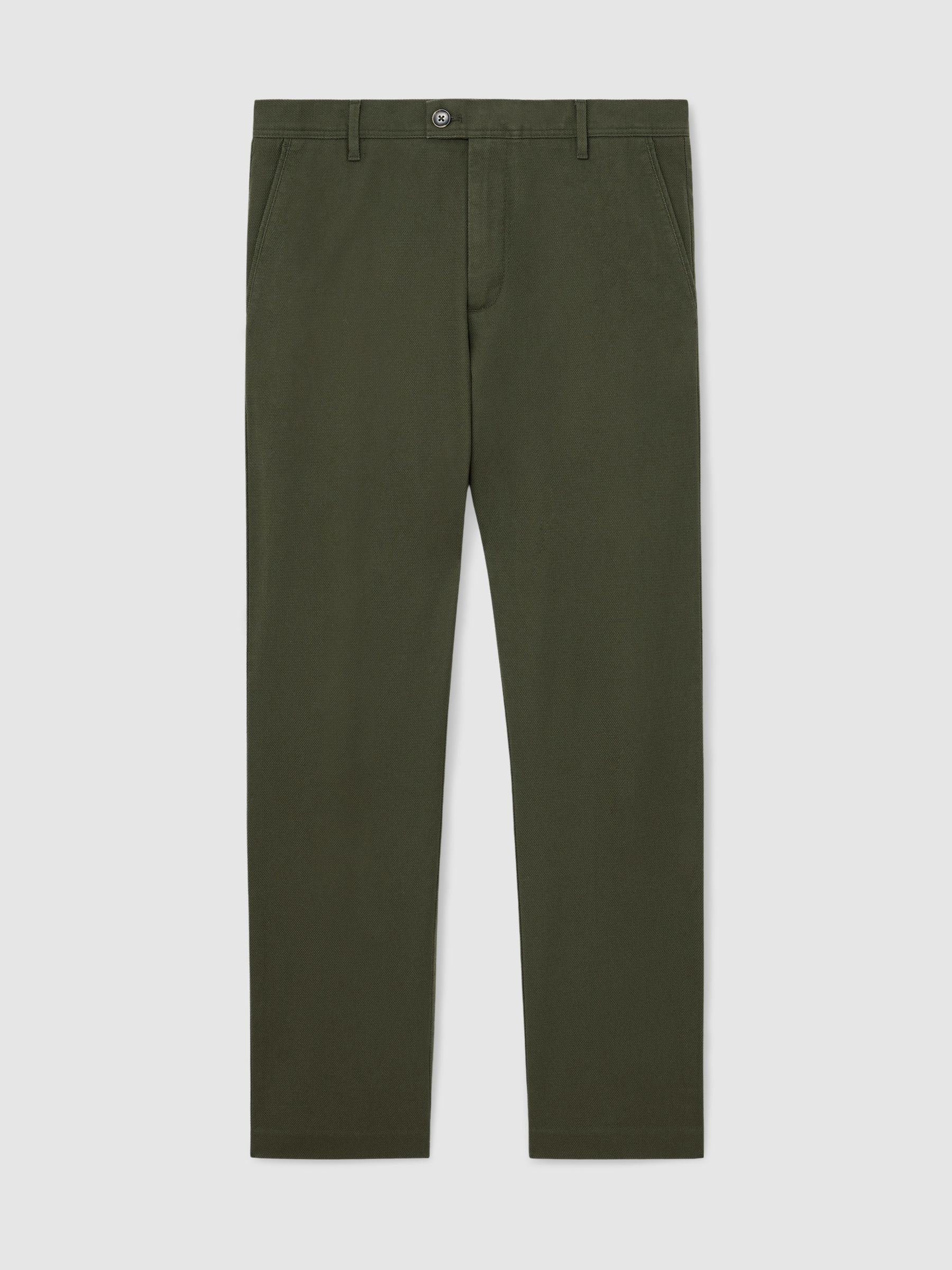 Cotton Pique Chino Trousers in Khaki Green - Image 2 of 7