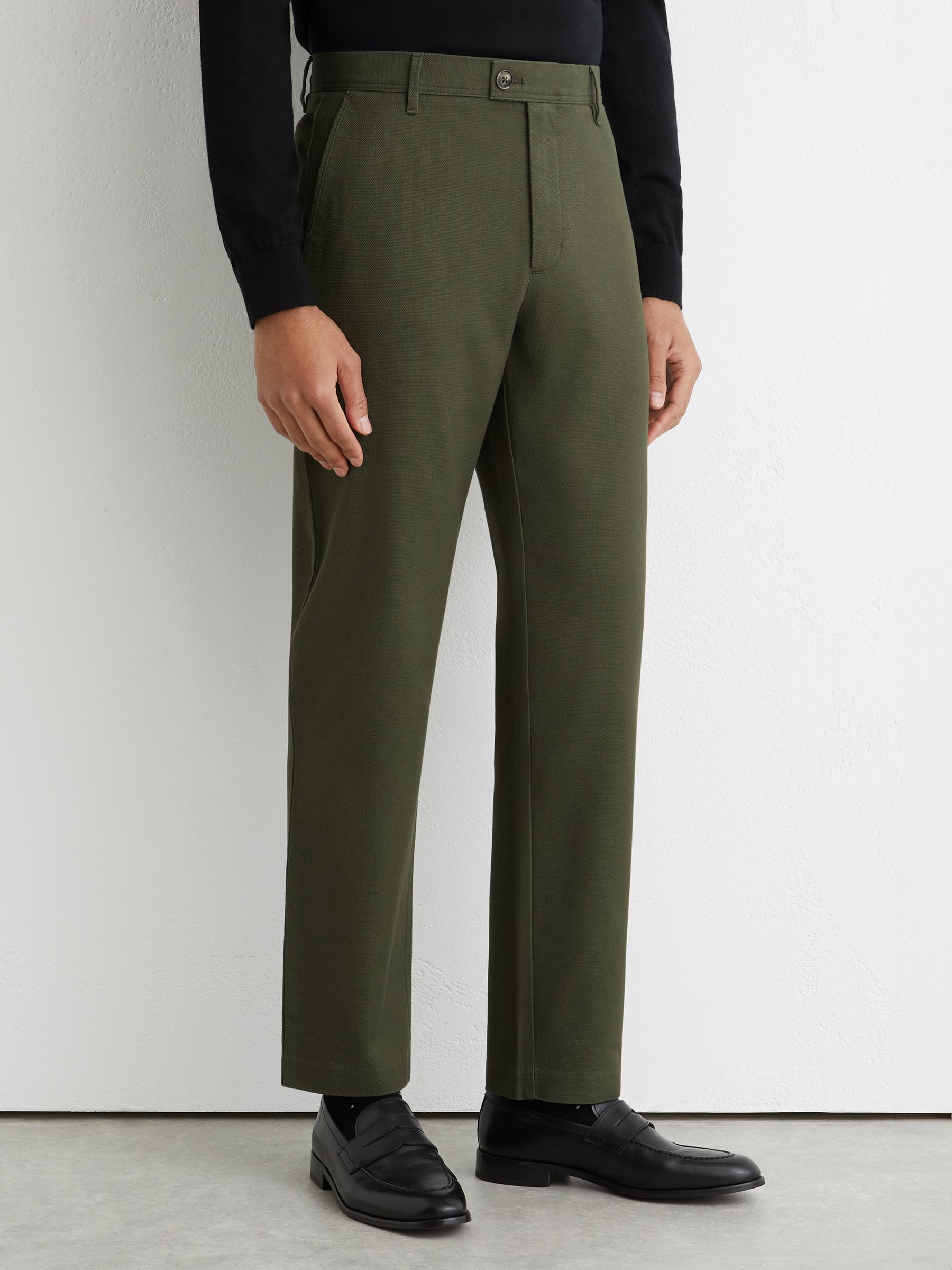 Cotton Pique Chino Trousers in Khaki Green - Image 3 of 7