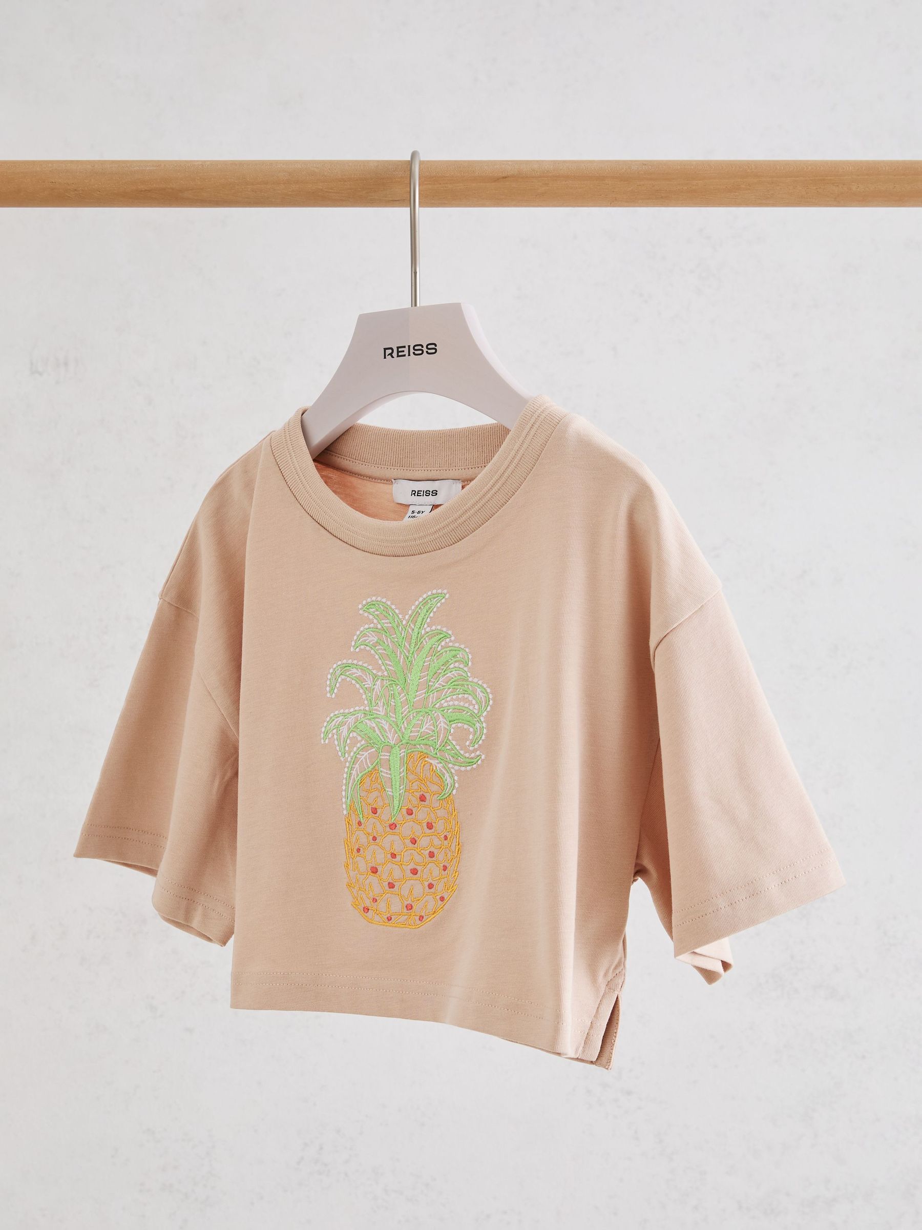 Cotton Embroidered Cropped T-Shirt in Neutral - Image 1 of 3