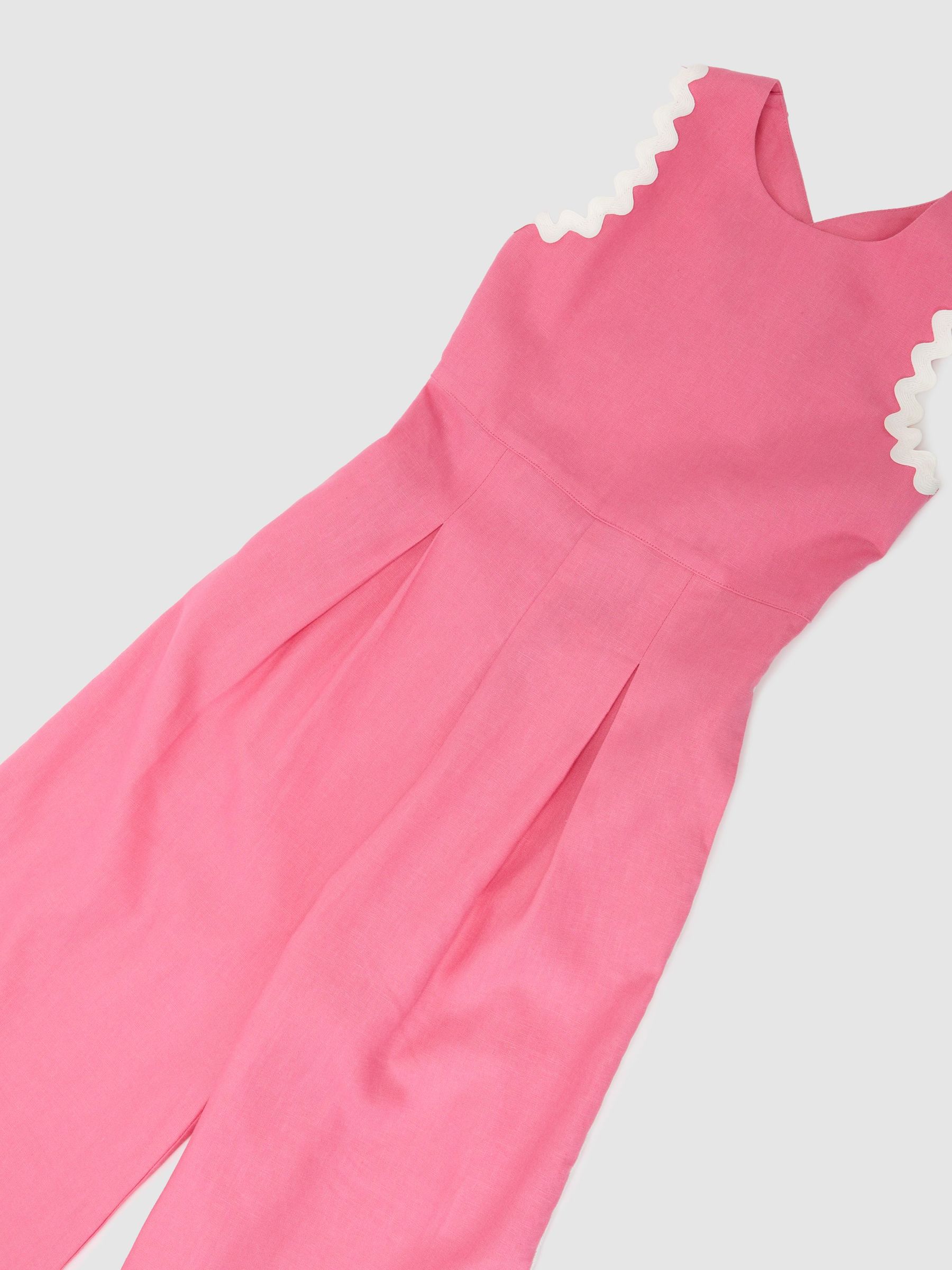 13-14 yrs Linen-Blend Wave-Trim Cross-Back Jumpsuit in Pink - Image 1 of 3