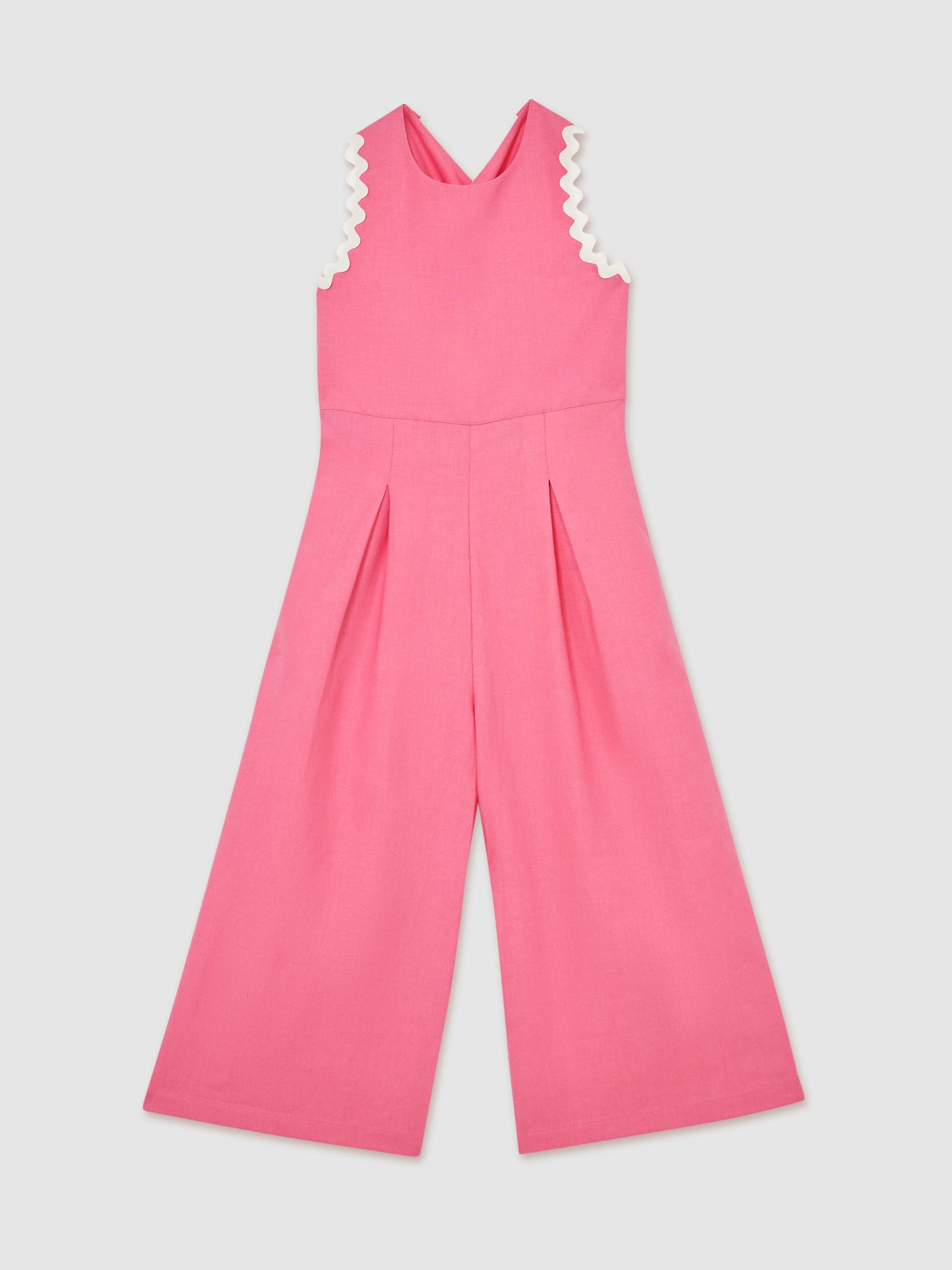 13-14 yrs Linen-Blend Wave-Trim Cross-Back Jumpsuit in Pink - Image 3 of 3