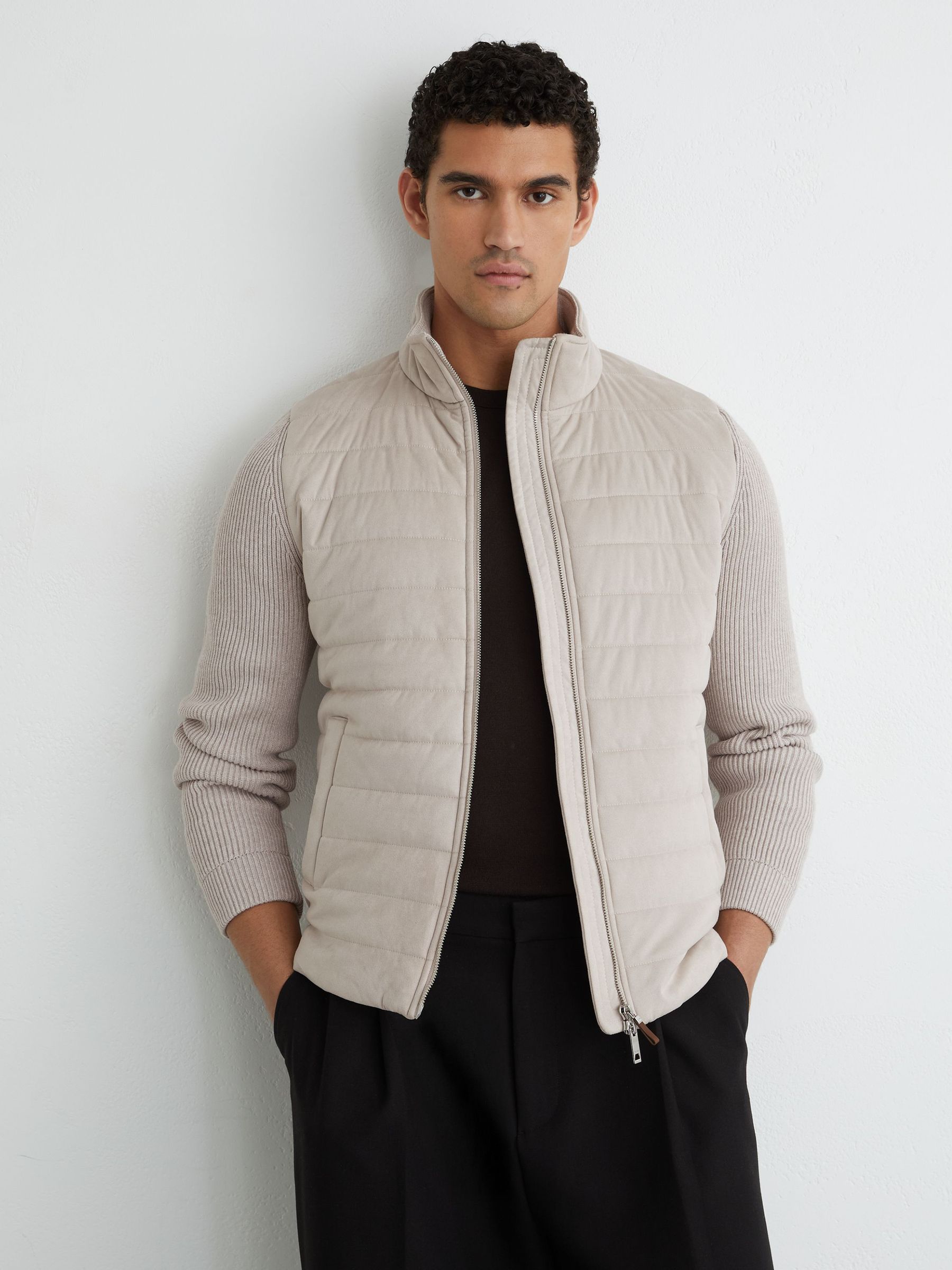 Quilted Hybrid Zip-Through Jacket in Oatmeal - Image 1 of 7