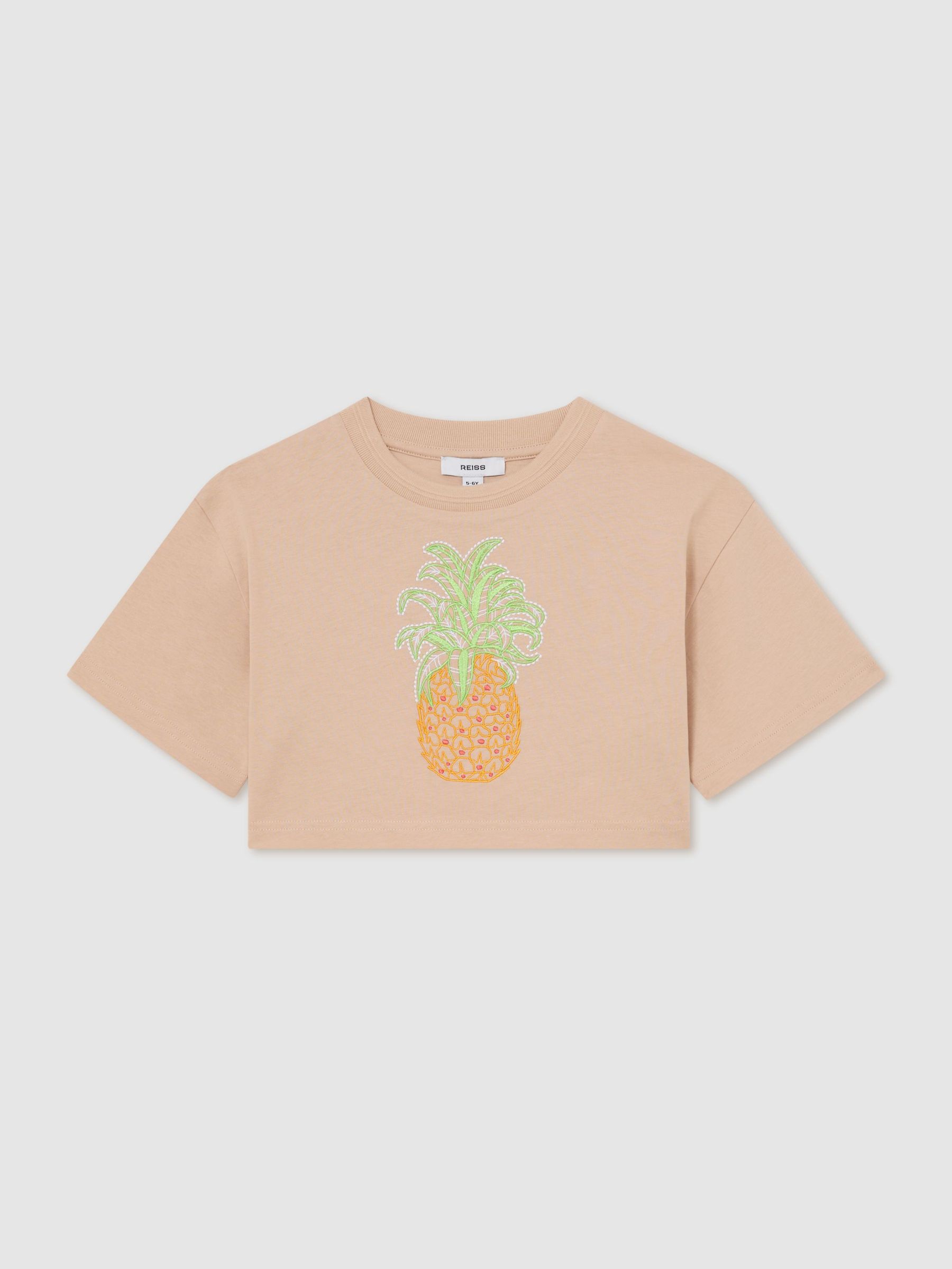 Cotton Embroidered Cropped T-Shirt in Neutral - Image 1 of 3