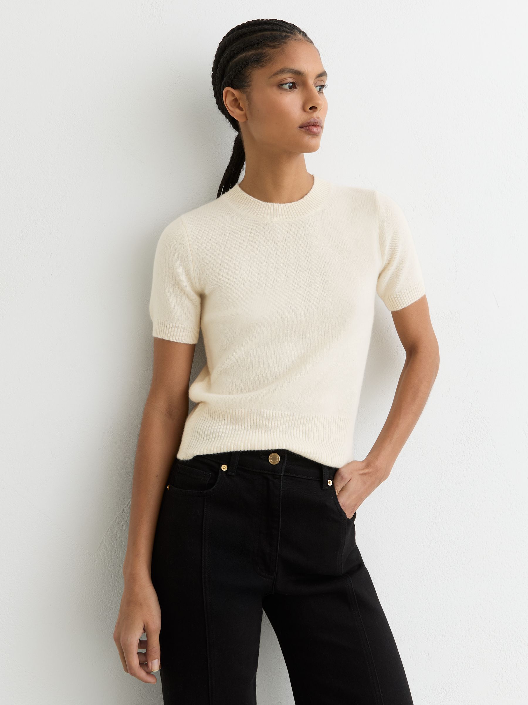 100% Cashmere Crew Neck T-Shirt in Ivory - Image 3 of 8