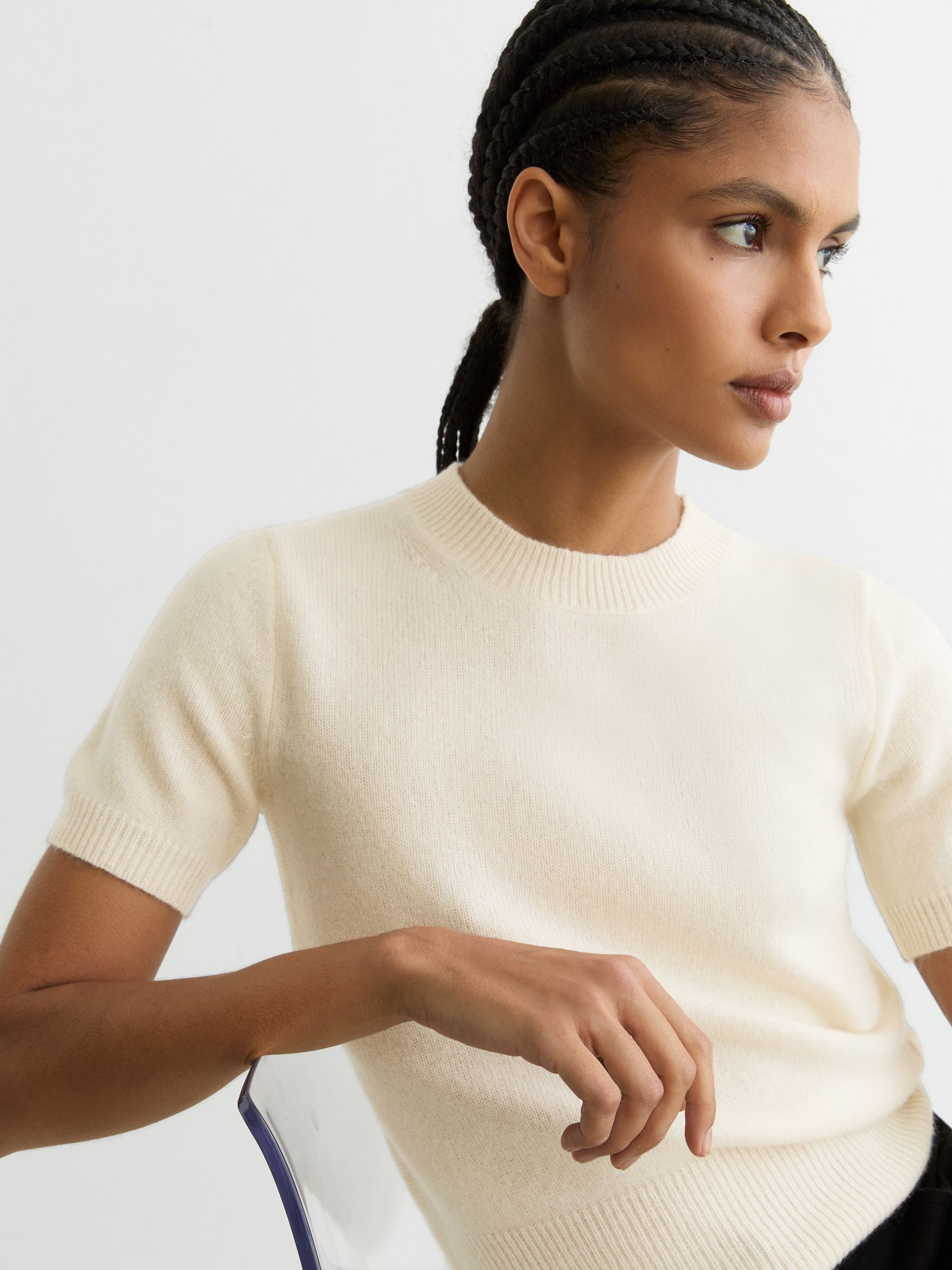 100% Cashmere Crew Neck T-Shirt in Ivory - Image 5 of 8