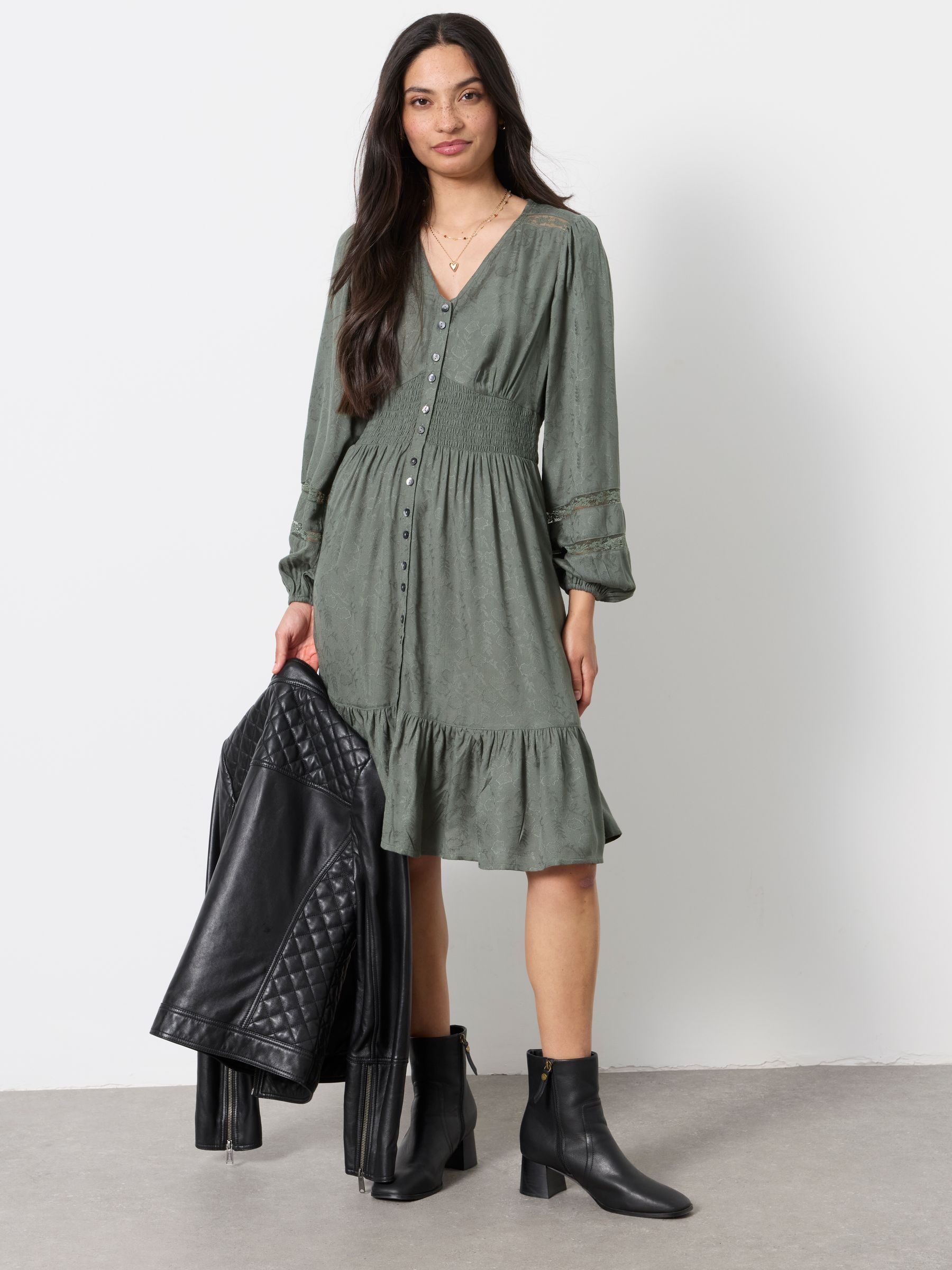 Eden Olive Green Jacquard Mini Dress - Image 1 of 5