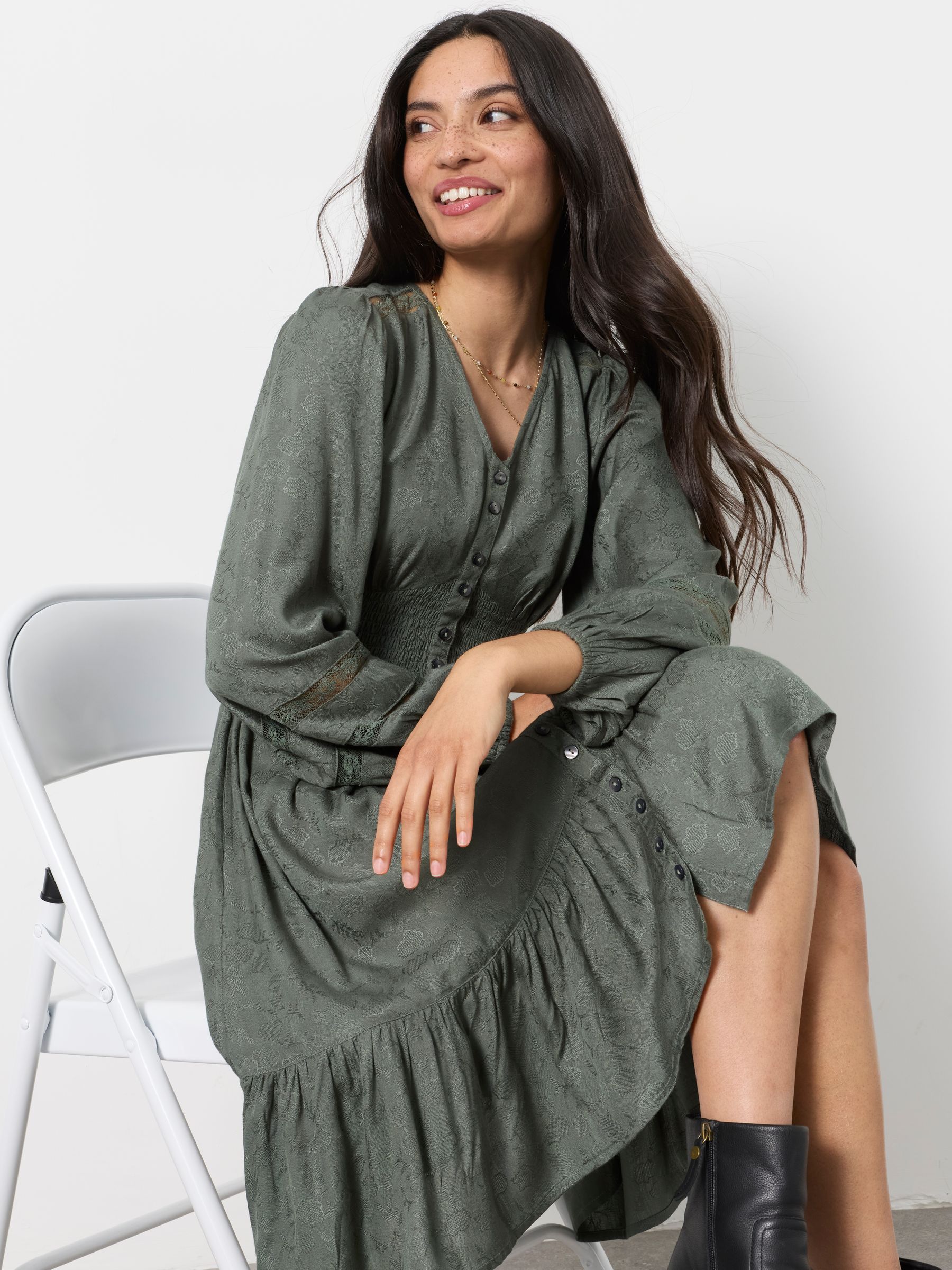 Eden Olive Green Jacquard Mini Dress - Image 4 of 5