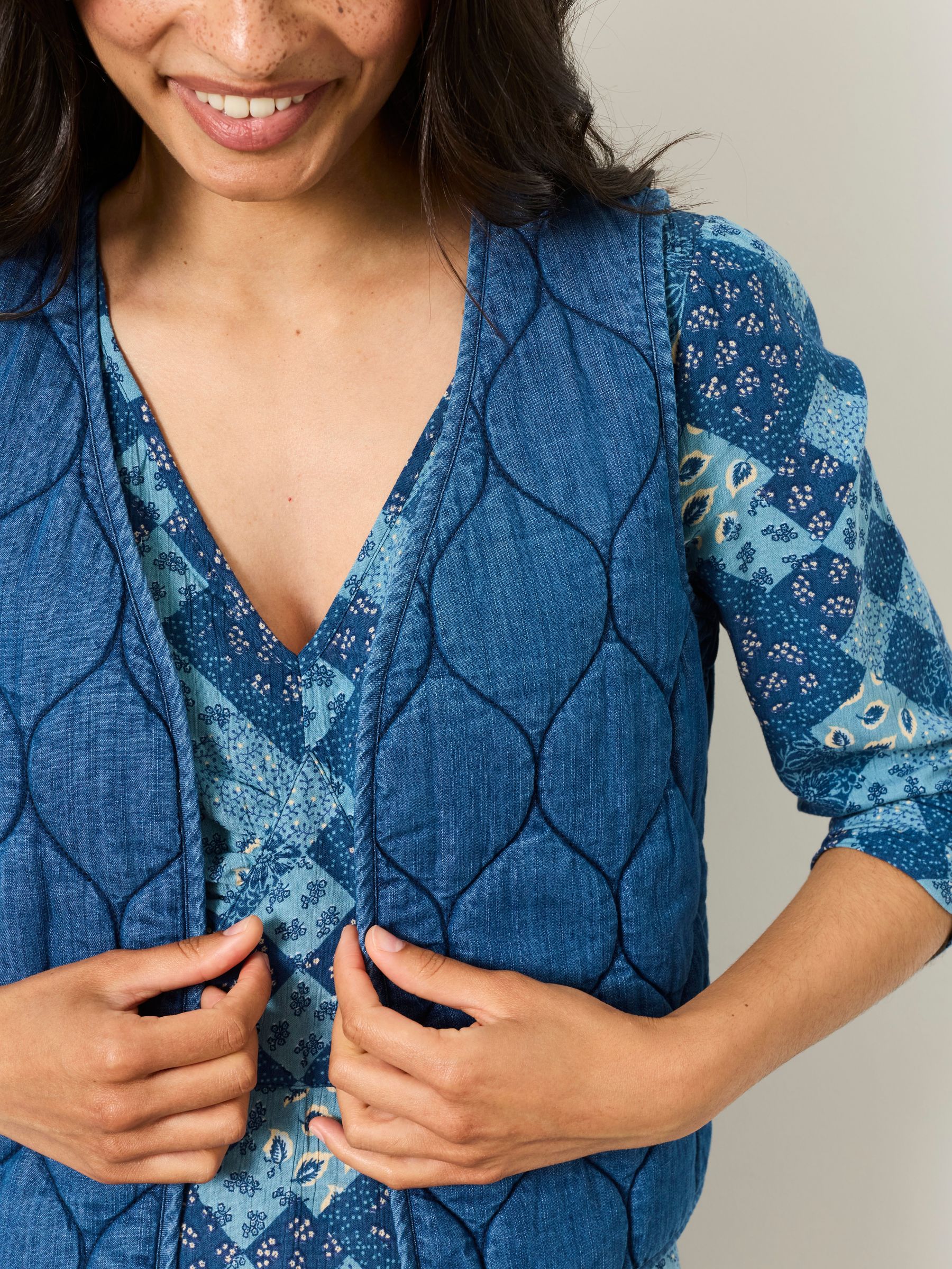 Anya 2 in 1 Blue Patchwork Mini Dress with Quilted Waistcoat - Image 3 of 6