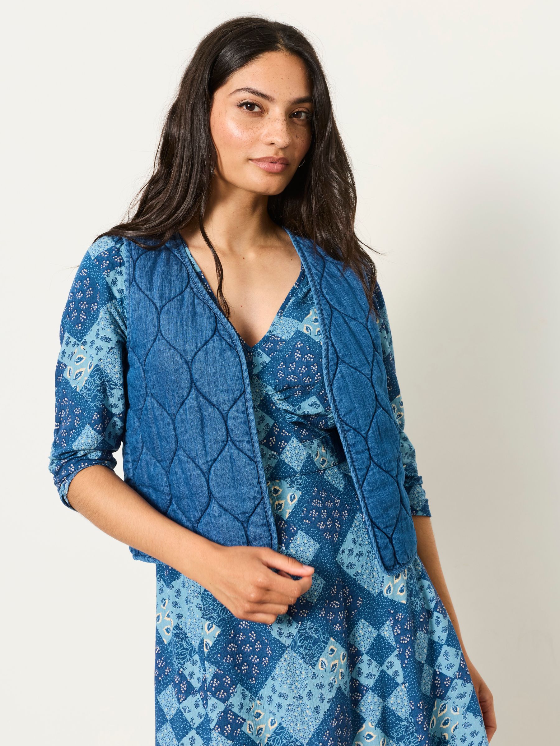 Anya 2 in 1 Blue Patchwork Mini Dress with Quilted Waistcoat - Image 4 of 6