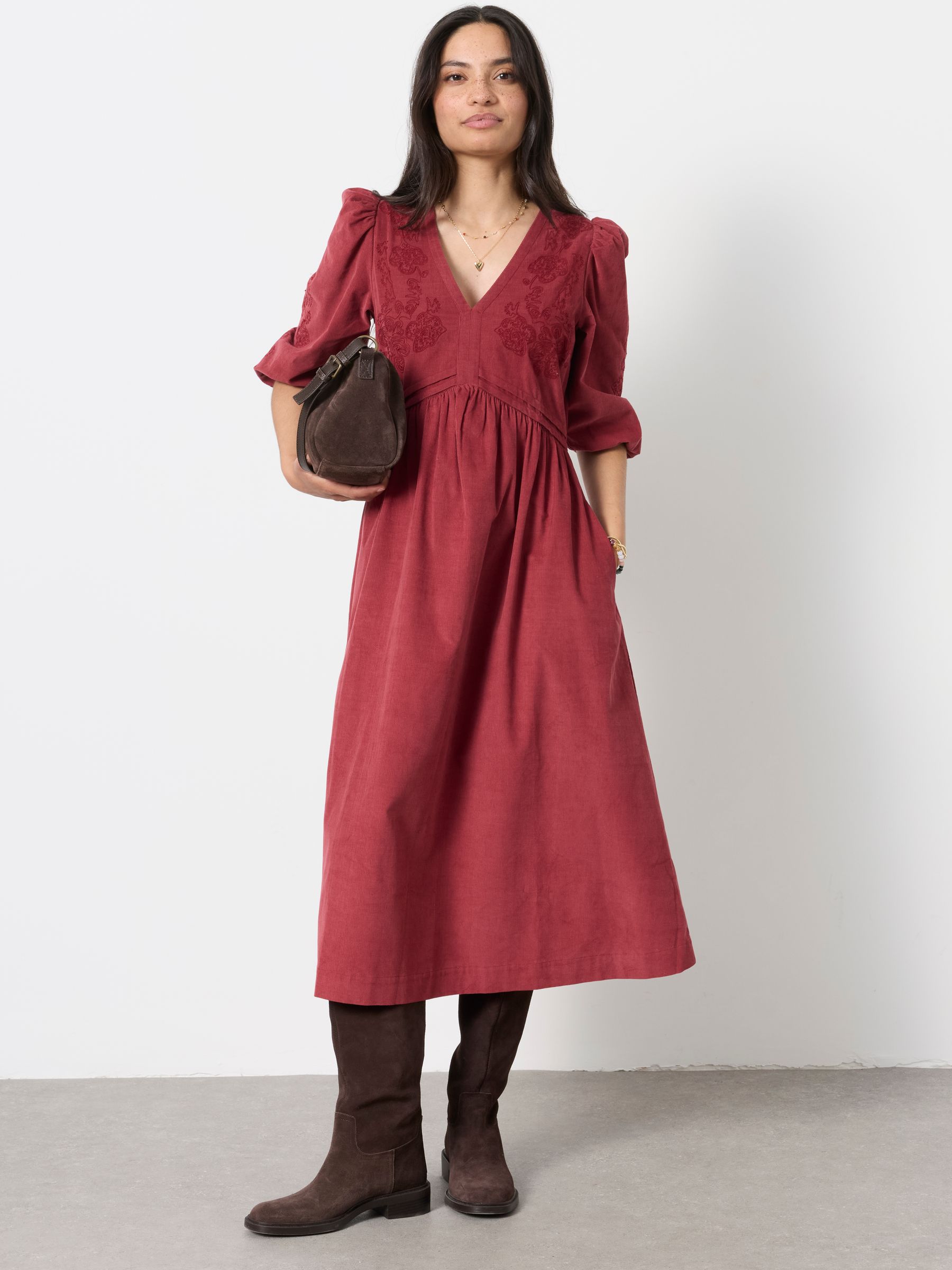 Connie Rust Brown Embroidered Cord Midi Dress - Image 1 of 5