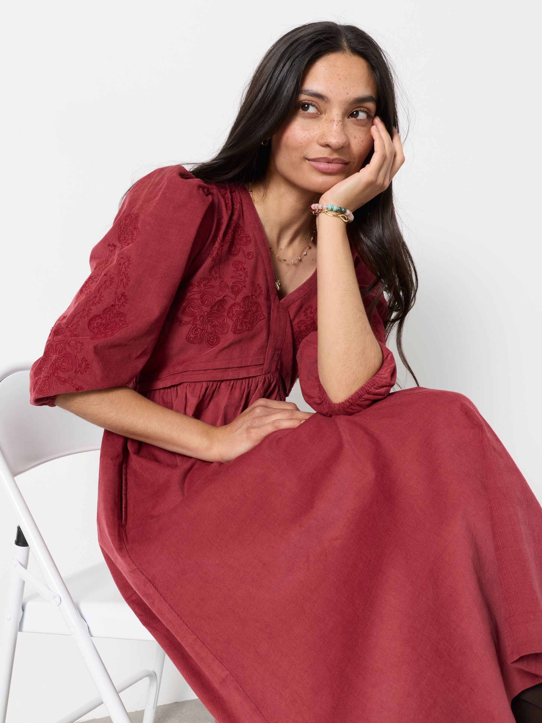 Connie Rust Brown Embroidered Cord Midi Dress - Image 4 of 5