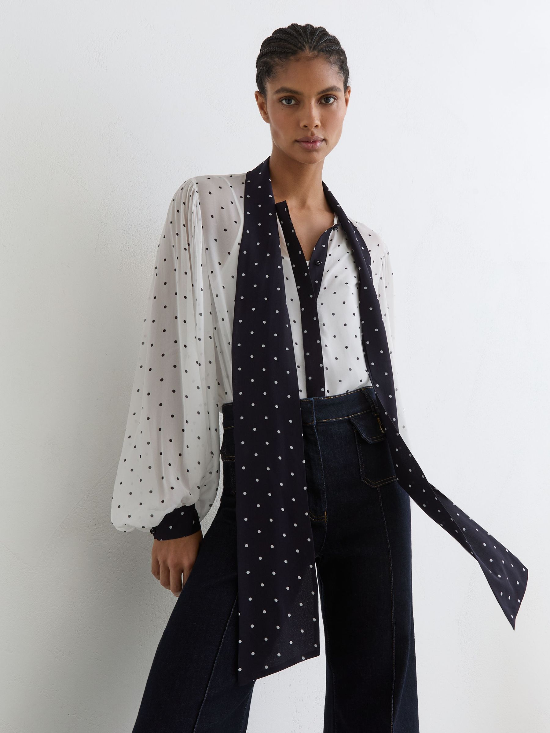 Polka-Dot Tie-Neck Blouse in Ivory/Navy - image 2