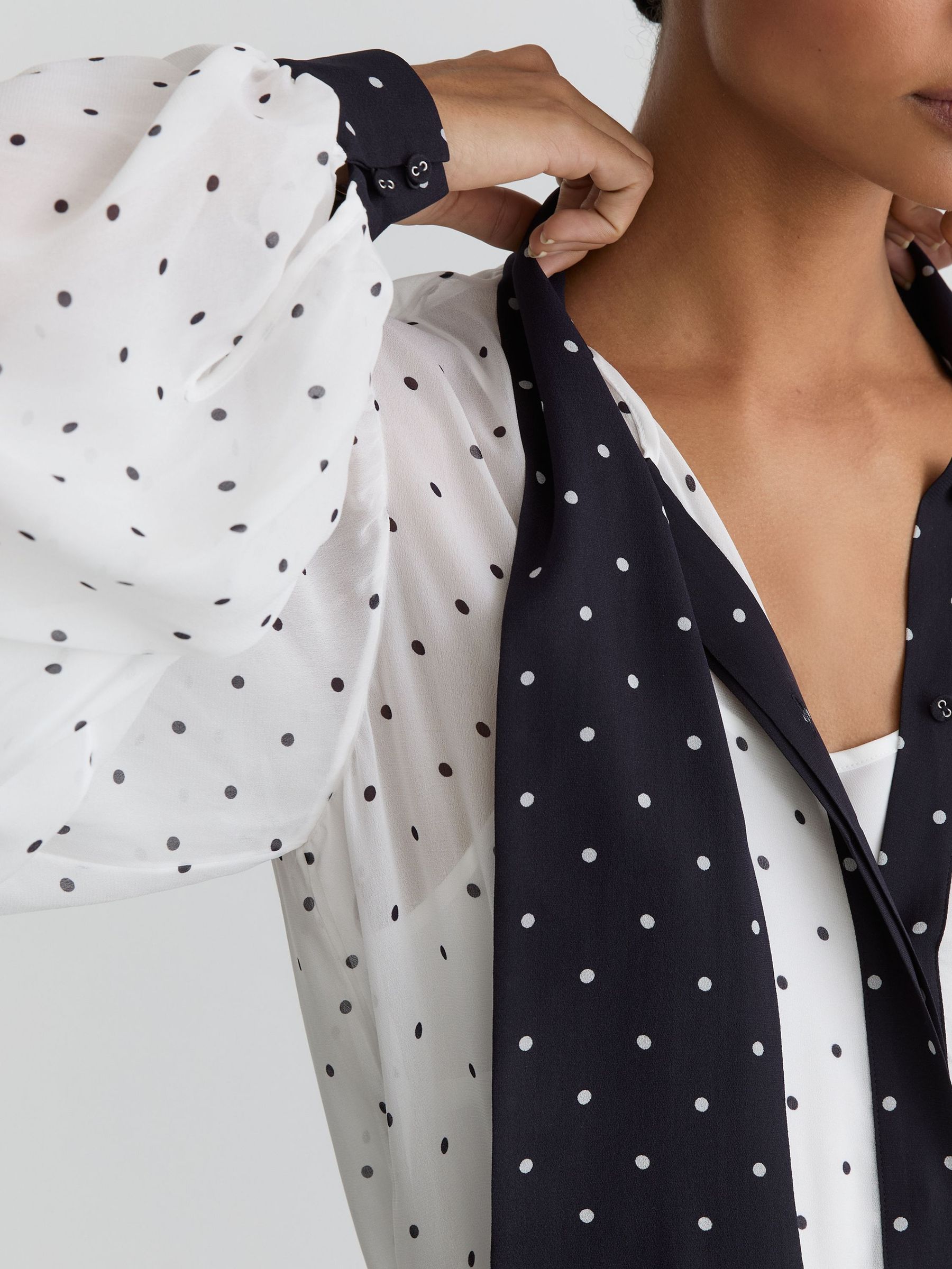 Polka-Dot Tie-Neck Blouse in Ivory/Navy - image 5