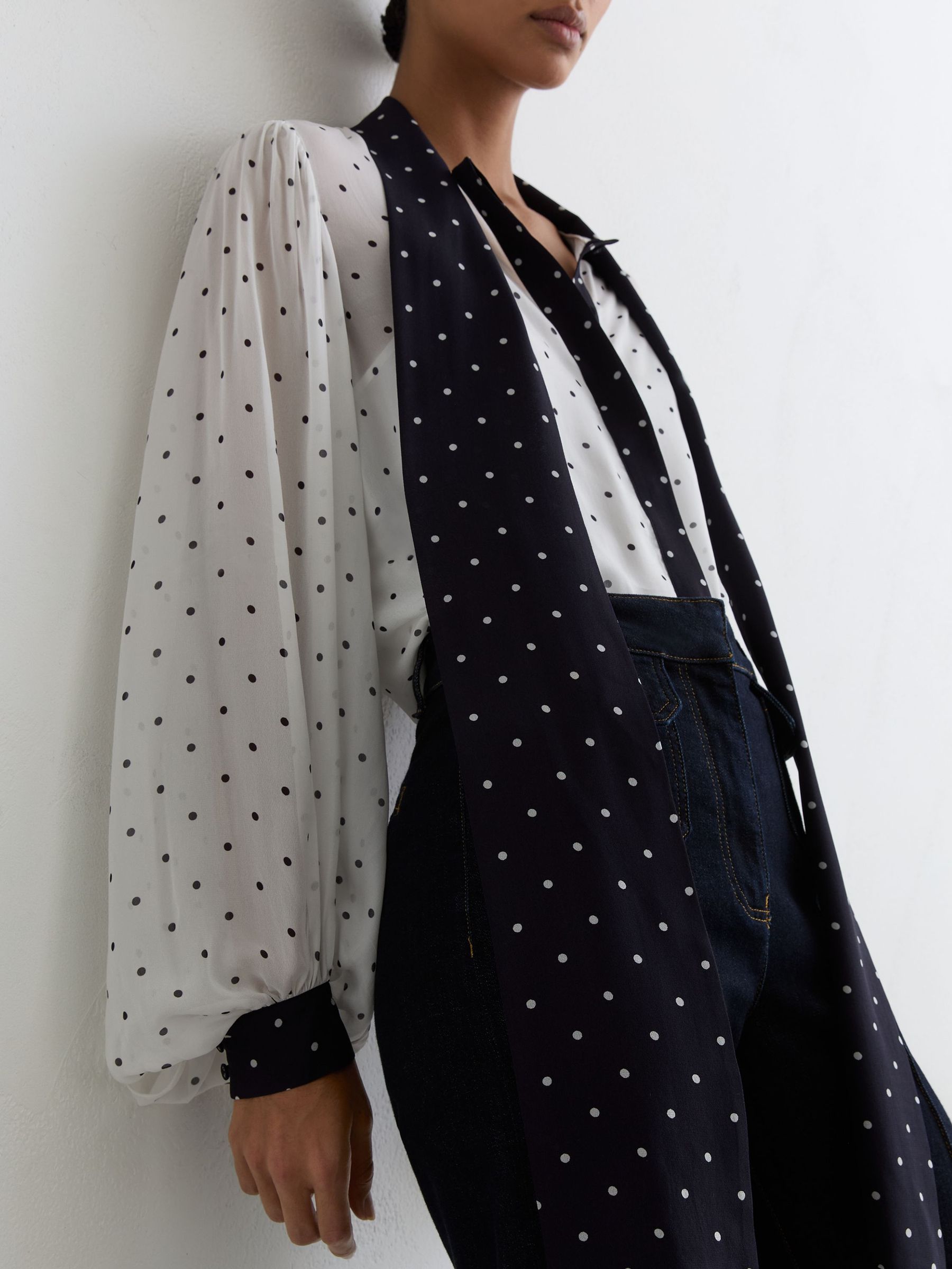 Polka-Dot Tie-Neck Blouse in Ivory/Navy - image 4