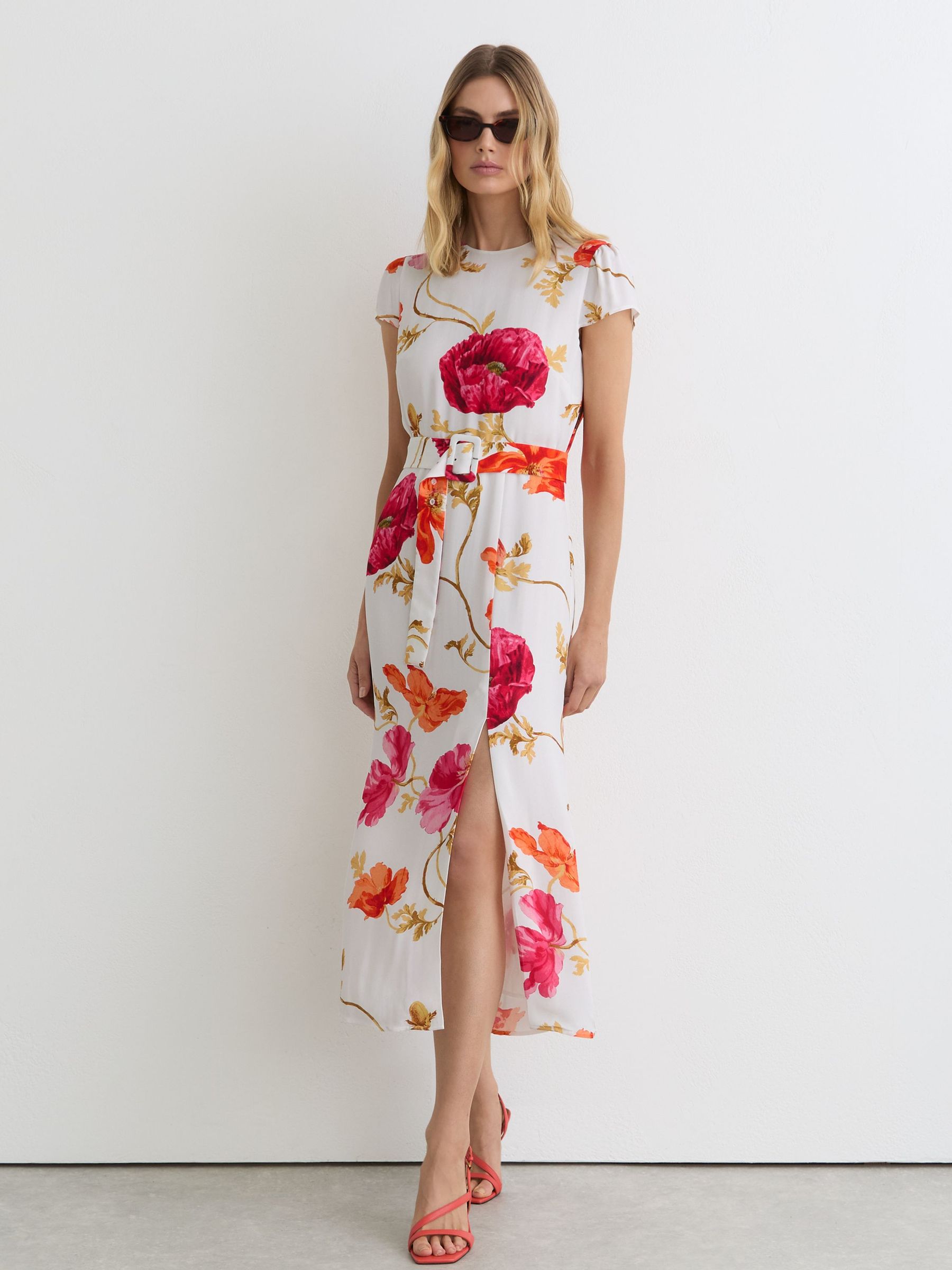 Floral-Print Belted Midi Dress in Ivory/Pink - Image 1 of 5