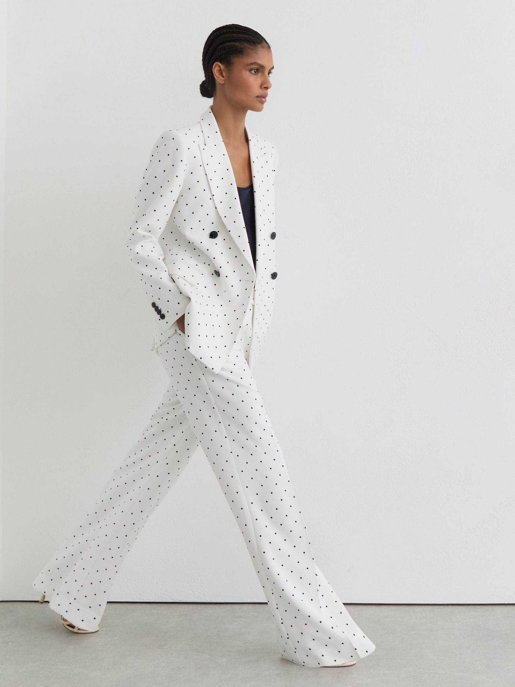 Polka-Dot Wide-Leg Suit Trousers in White/Navy - Image 1 of 7