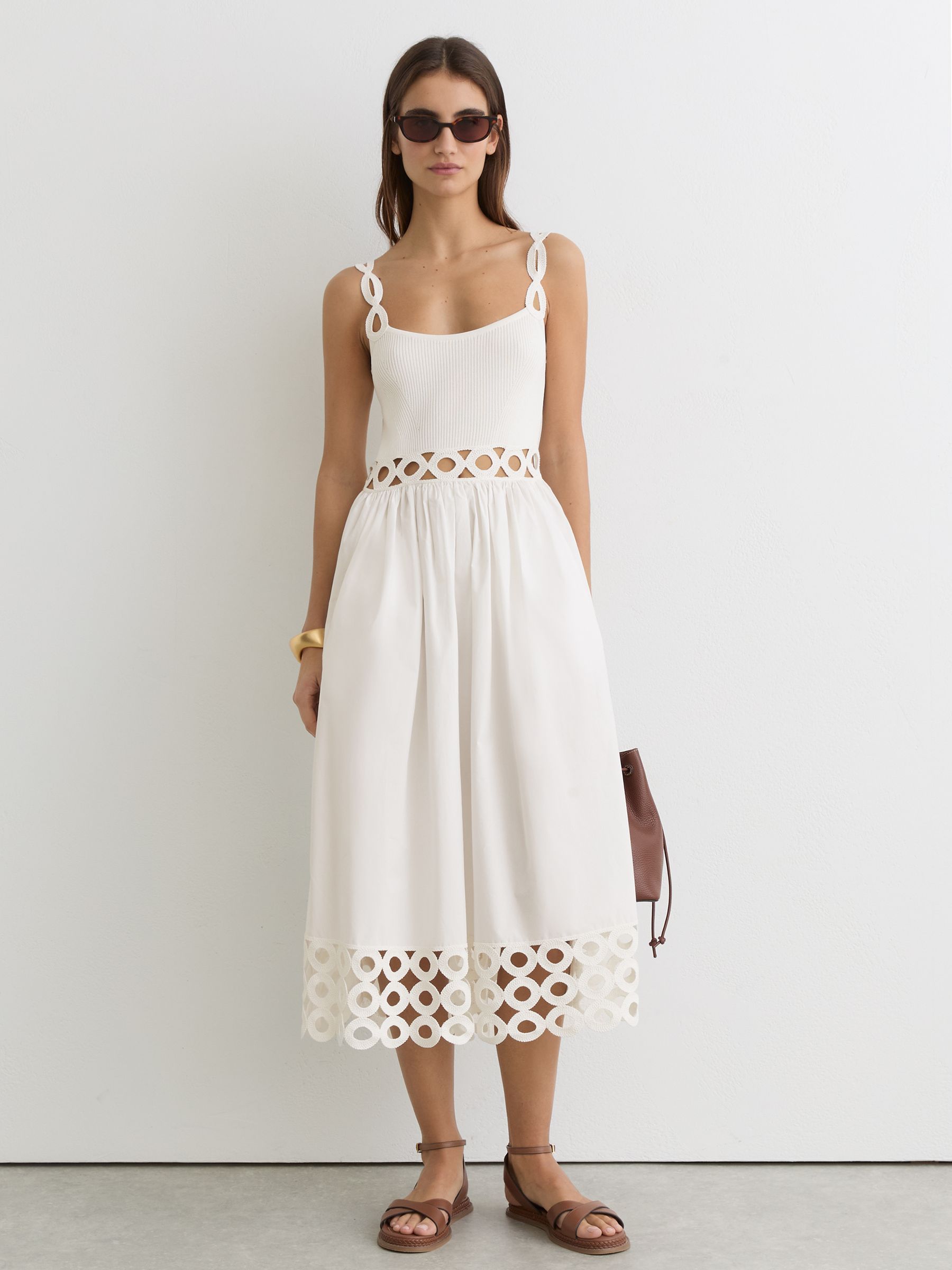 Rib-Knit Woven Mix Cut-Out Midi Dress in Ivory - image 2