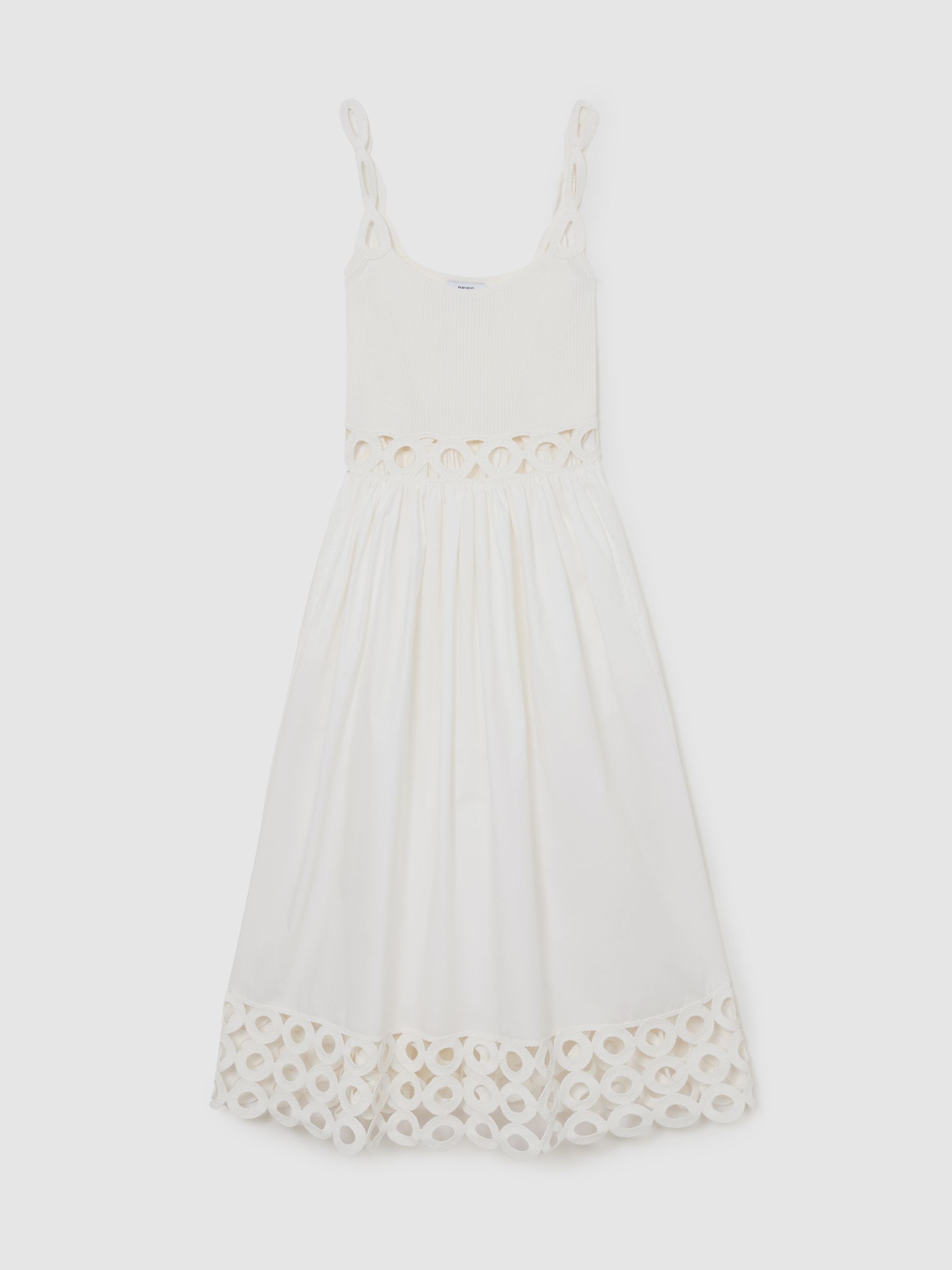 Rib-Knit Woven Mix Cut-Out Midi Dress in Ivory - image 1