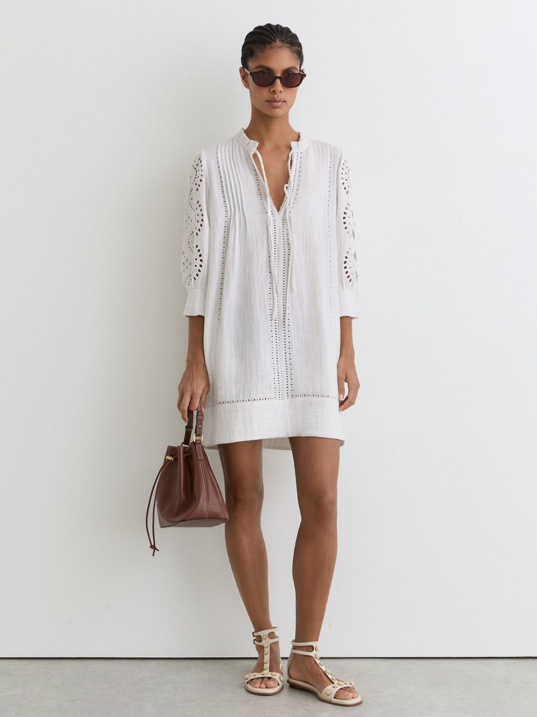 Cotton Cheesecloth Broderie Mini Dress in Ivory - Image 1 of 7