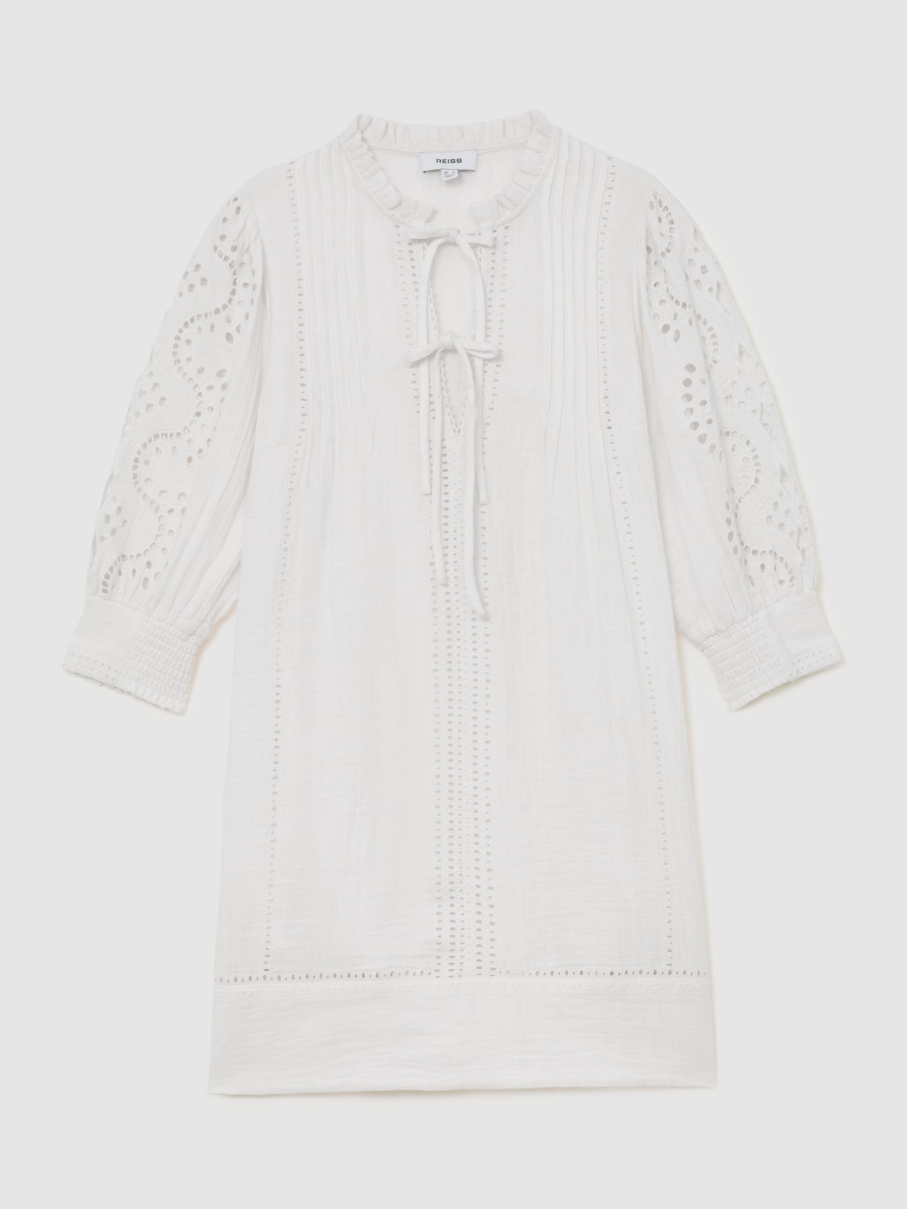 Cotton Cheesecloth Broderie Mini Dress in Ivory - Image 2 of 7