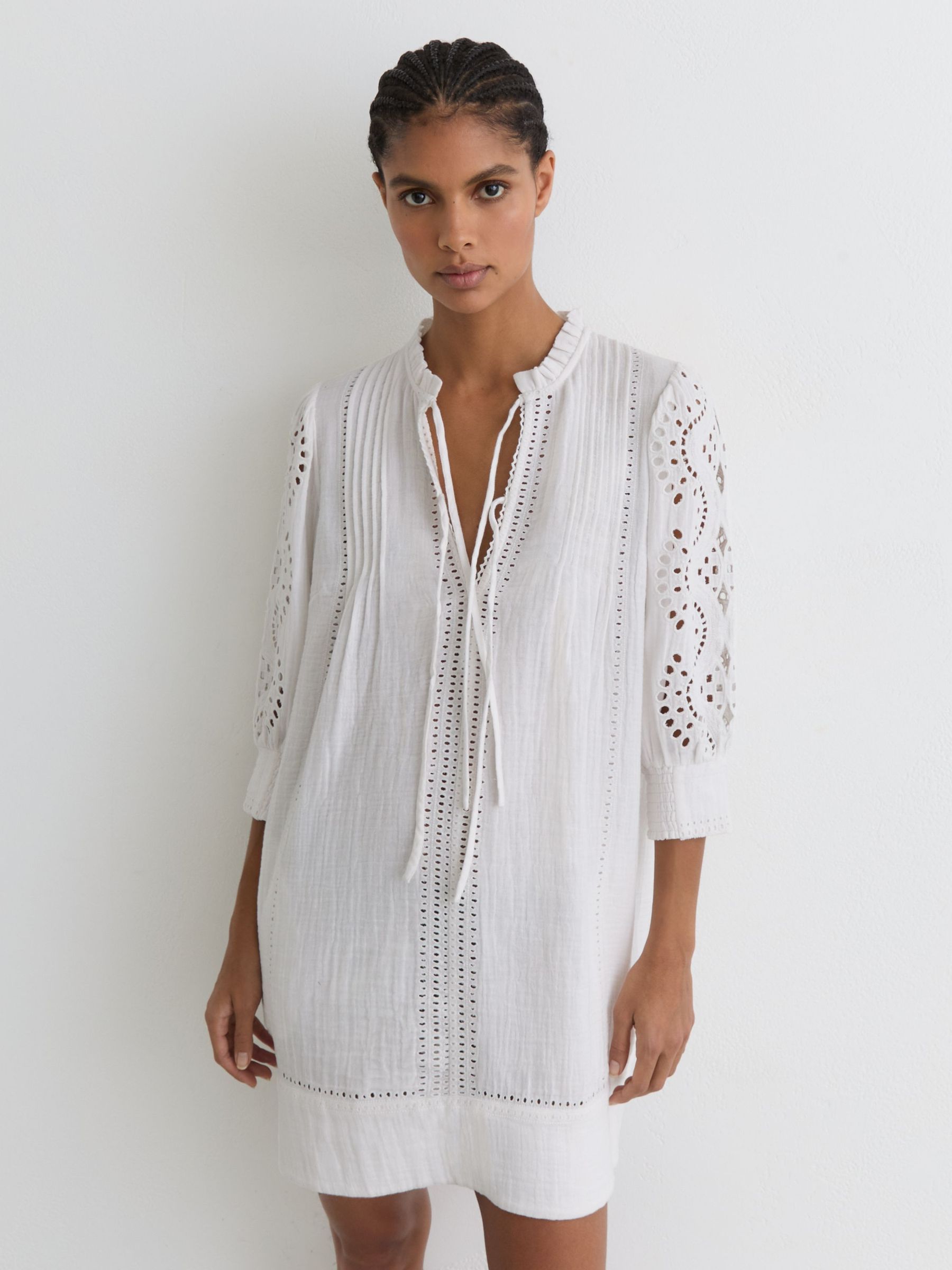 Cotton Cheesecloth Broderie Mini Dress in Ivory - Image 3 of 7