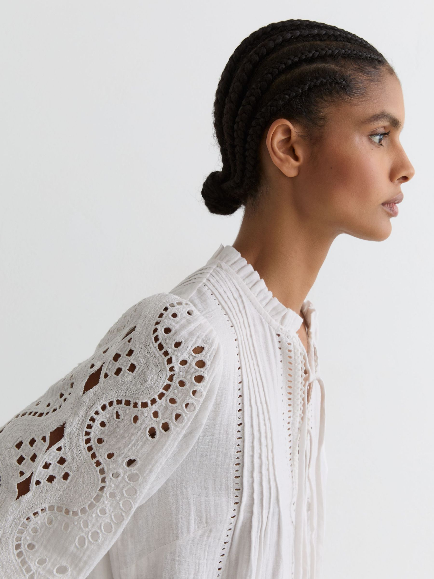 Cotton Cheesecloth Broderie Mini Dress in Ivory - Image 4 of 7