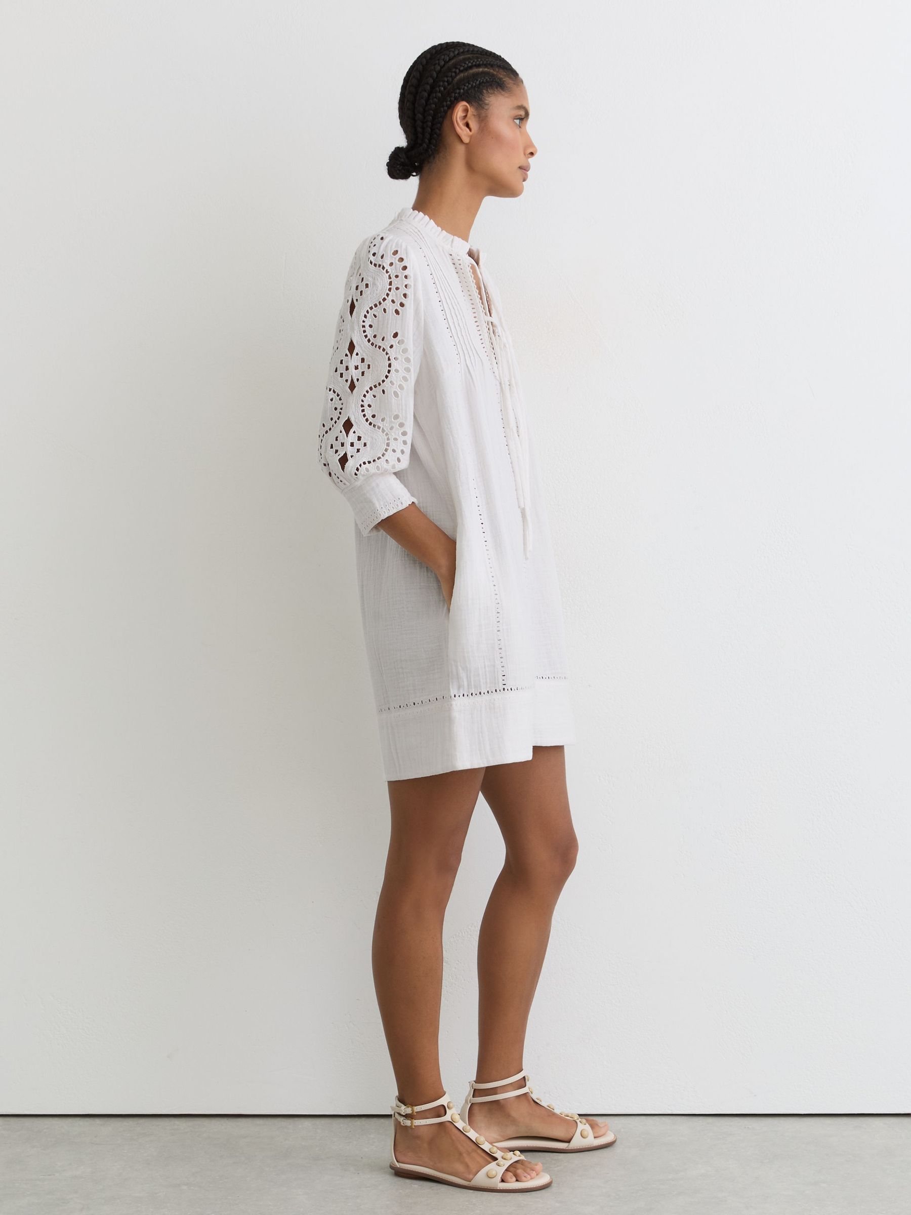 Cotton Cheesecloth Broderie Mini Dress in Ivory - Image 5 of 7