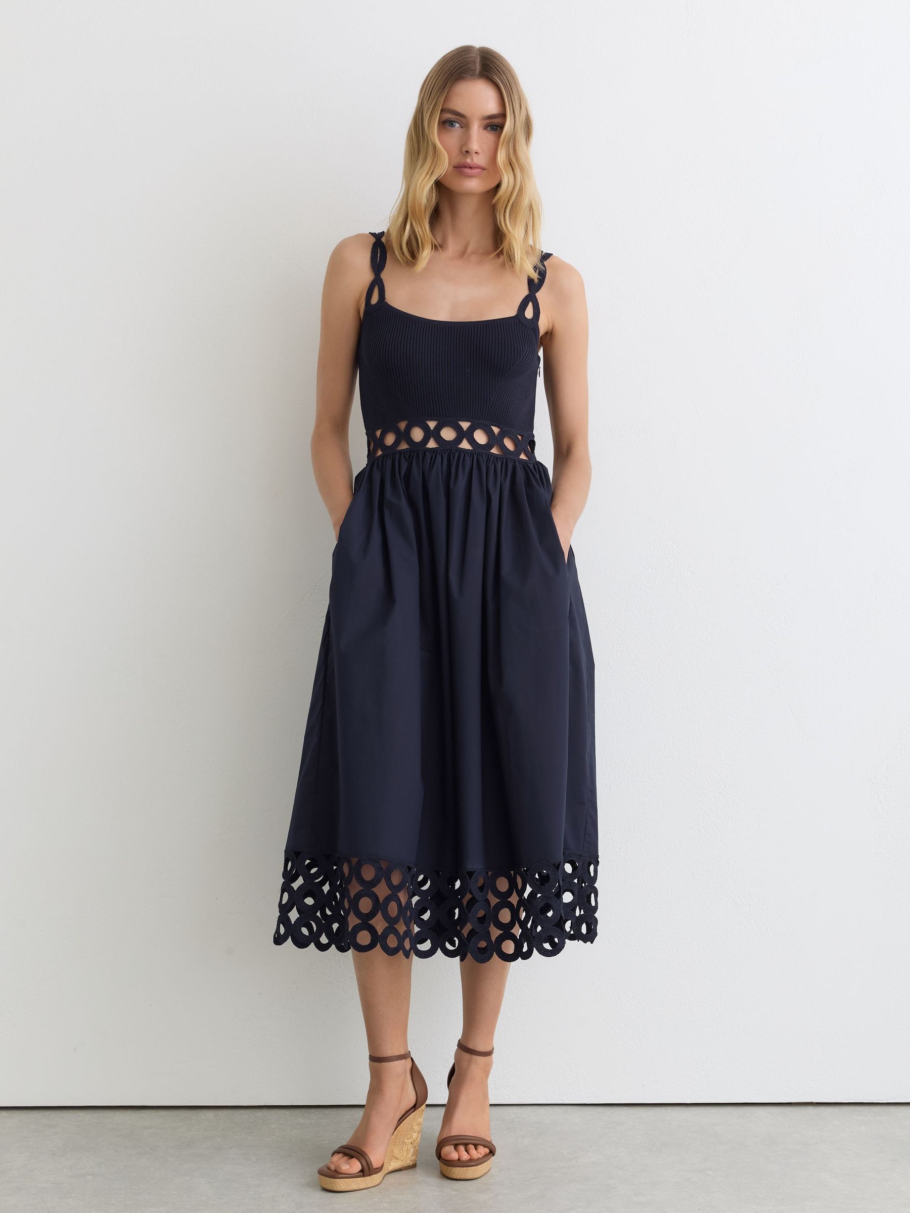 Rib-Knit Woven Mix Cut-Out Midi Dress in Navy - Image 1 of 5