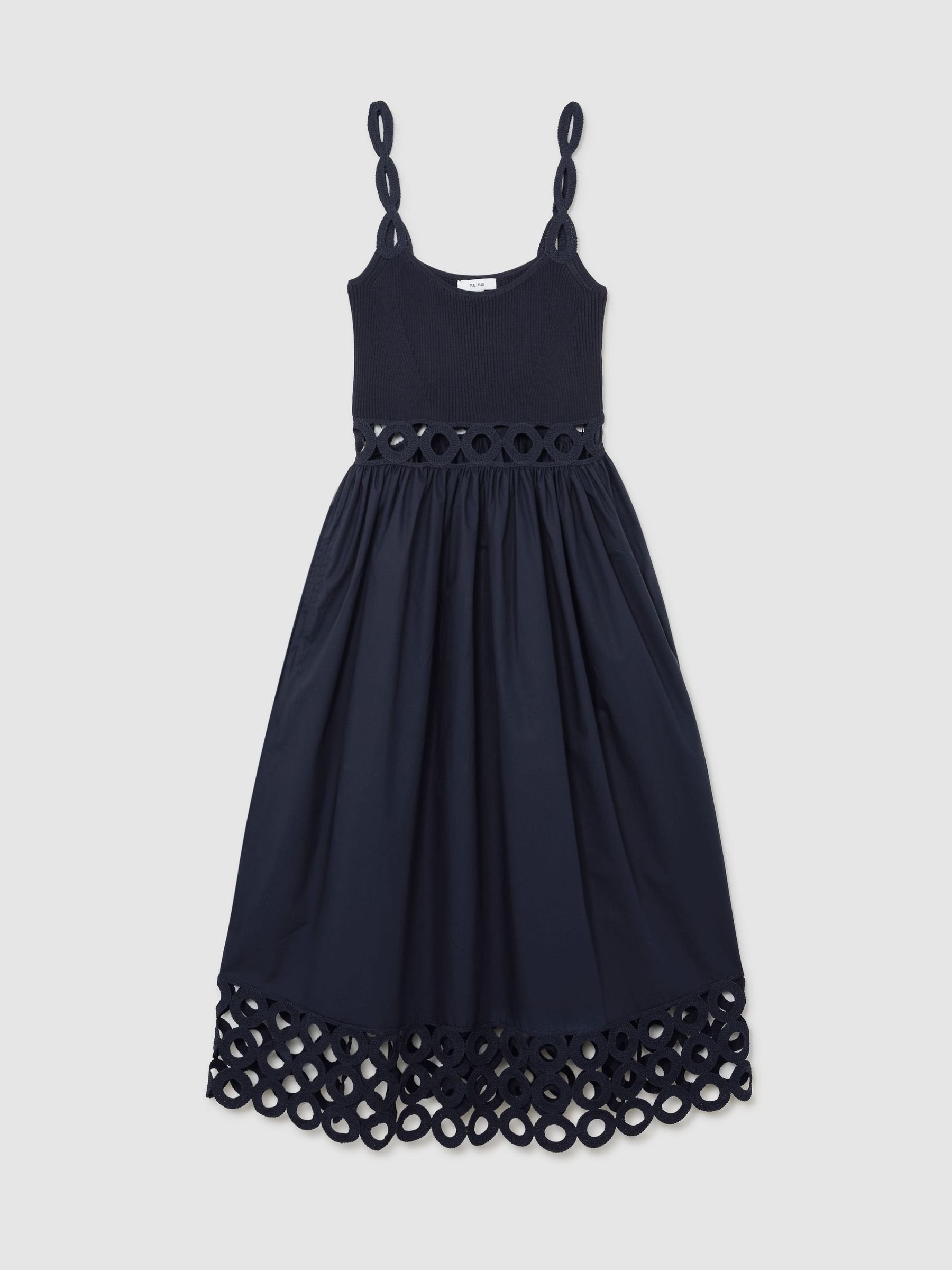 Rib-Knit Woven Mix Cut-Out Midi Dress in Navy - Image 2 of 5