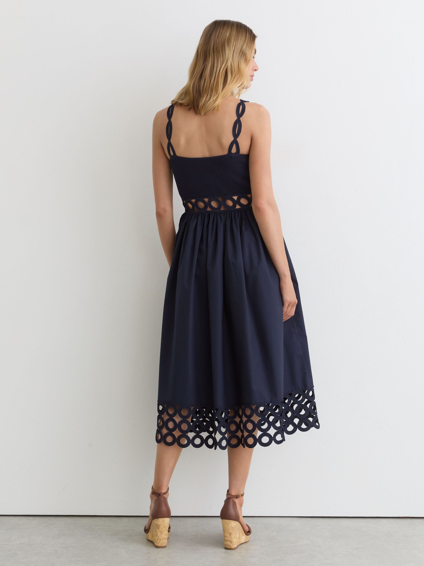 Rib-Knit Woven Mix Cut-Out Midi Dress in Navy - image 3