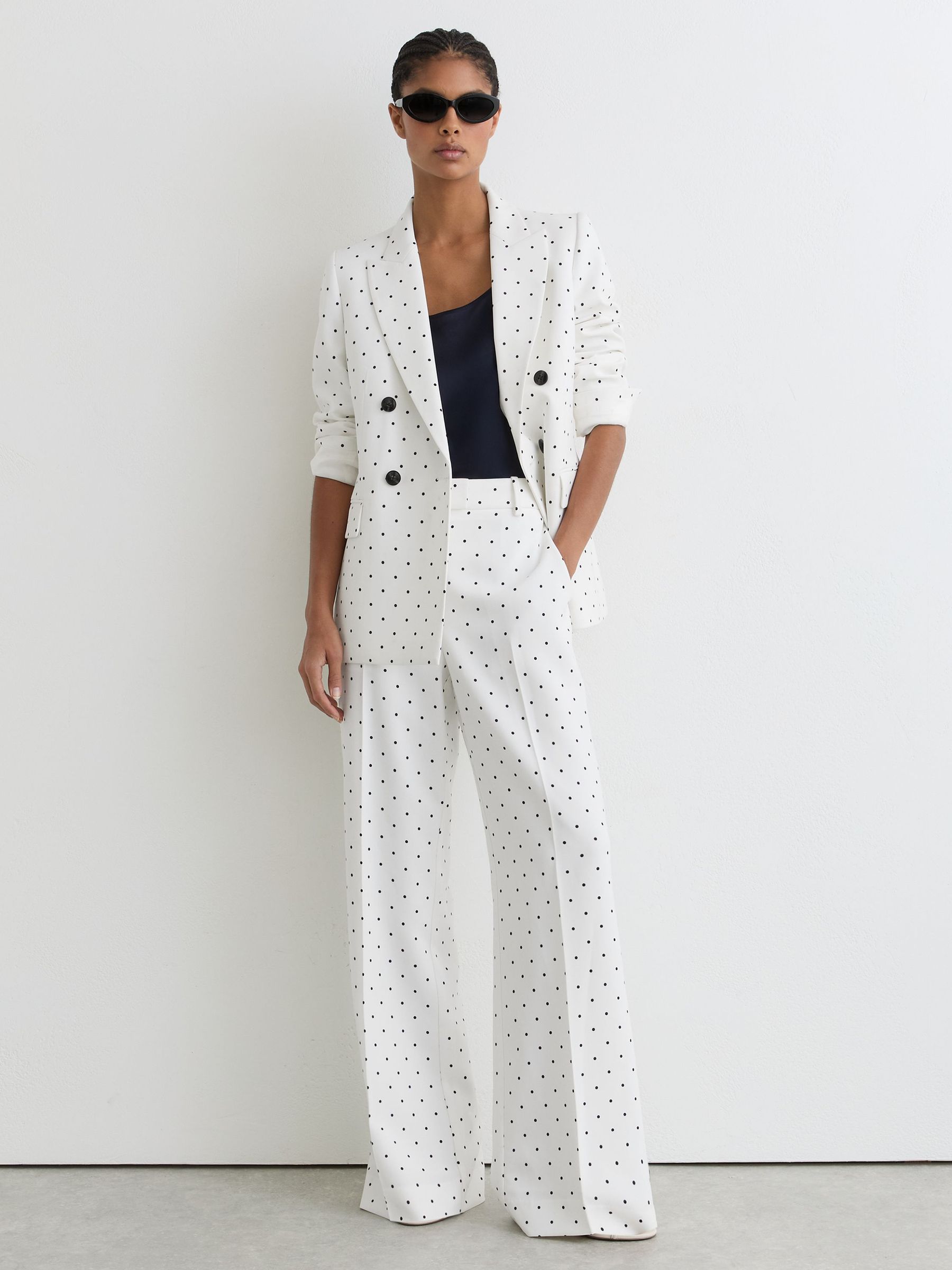 Petite Polka-Dot Wide-Leg Suit Trousers in White/Navy - Image 1 of 8