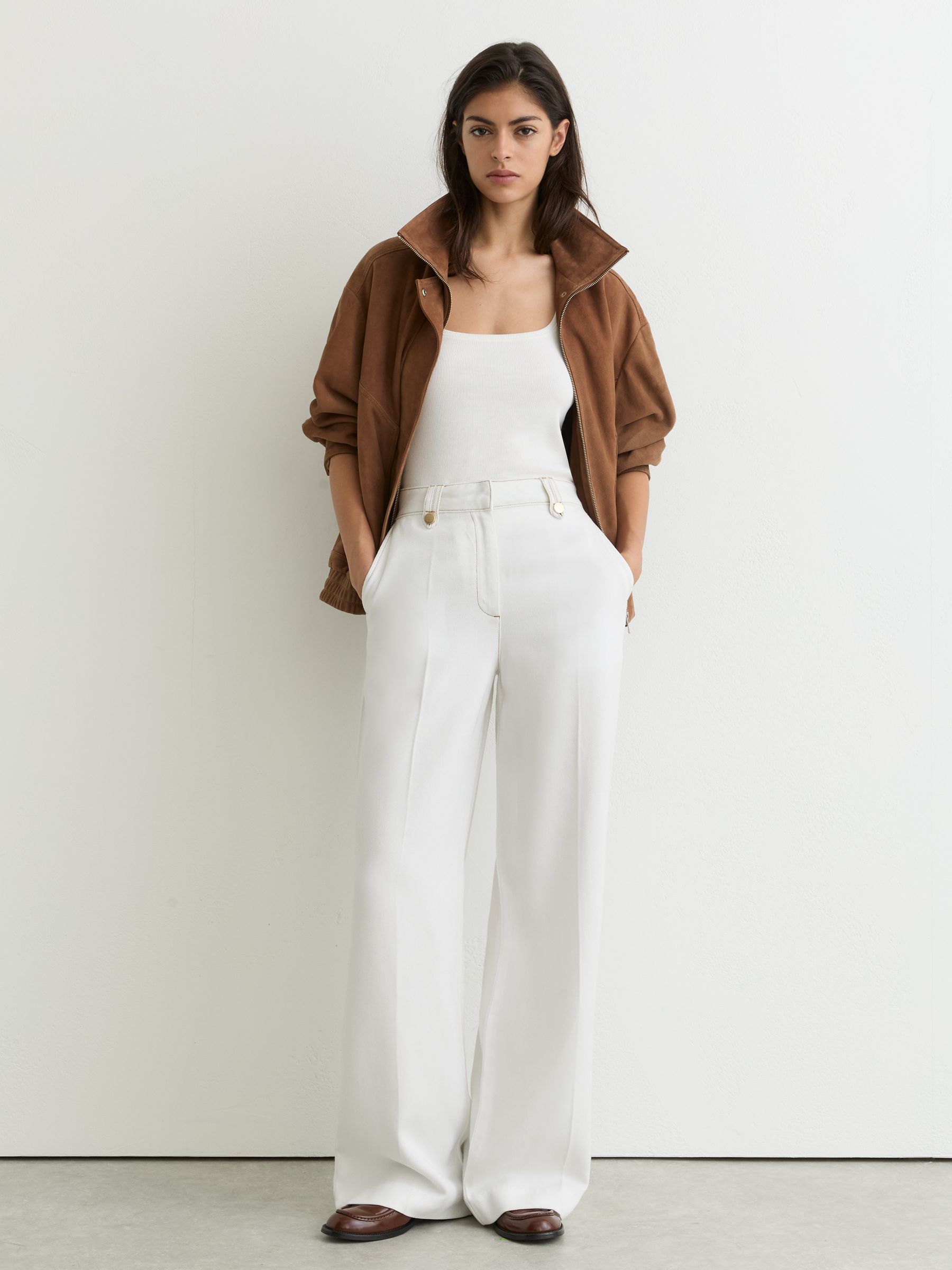 Lyocell Topstitched Wide-Leg Trousers in White - Image 3 of 7
