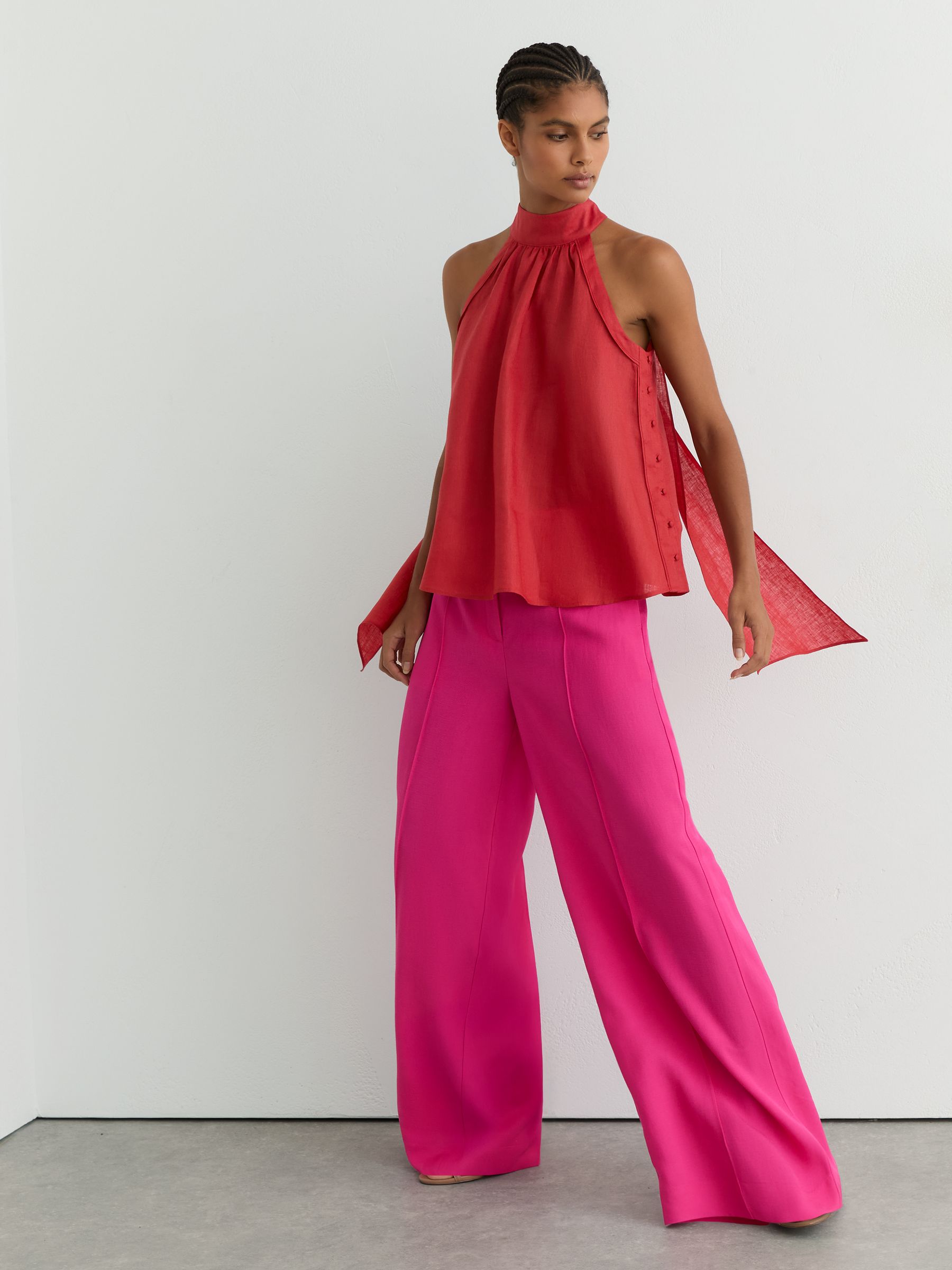 Linen Sleeveless Scarf-Neck Top in Coral Red - Image 1 of 9